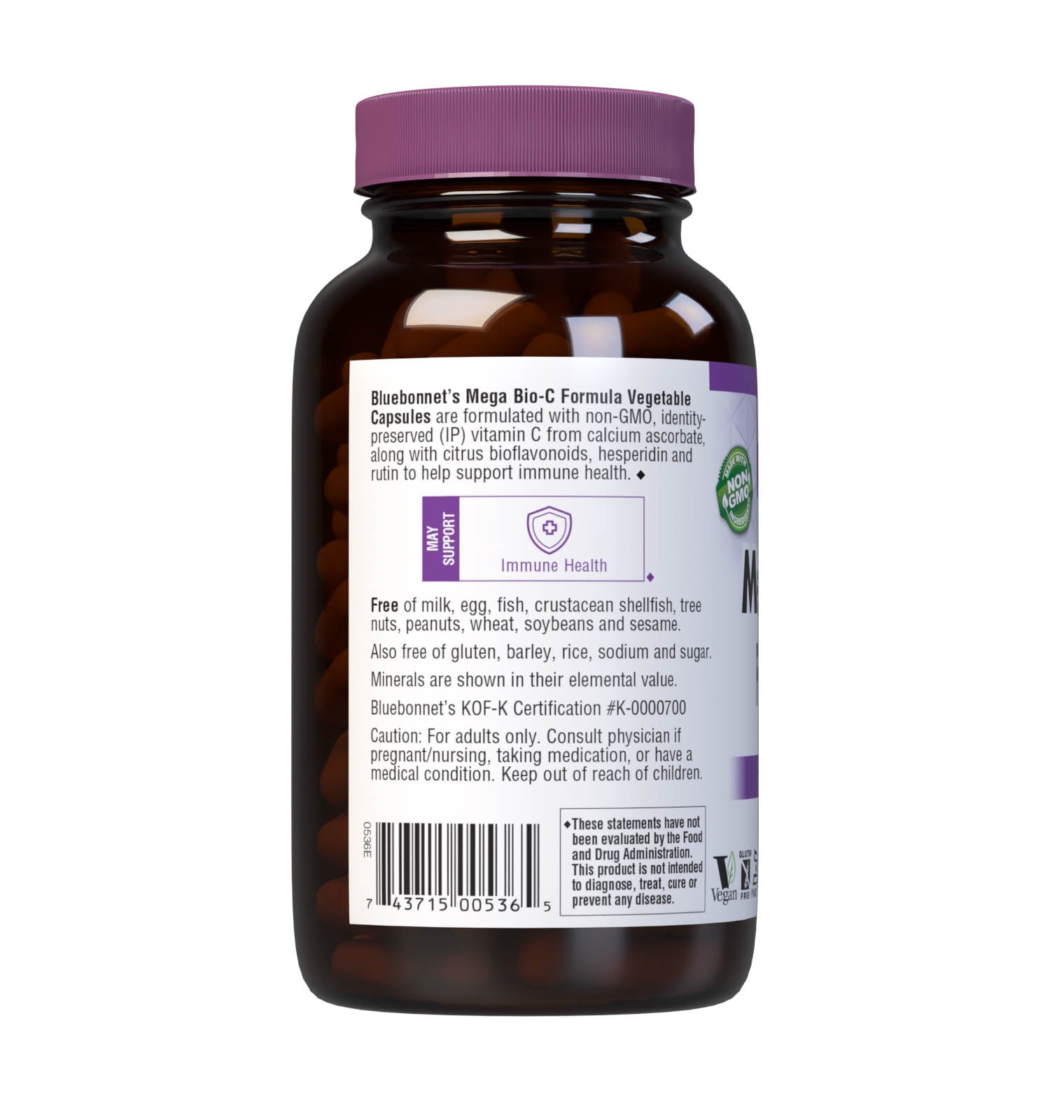 Bluebonnet’s Mega Bio-C Formula 180 Vegetable Capsules are formulated with high potency buffered vitamin C from calcium ascorbate and high potency citrus bioflavonoids complex from oranges, lemons, tangerines, grapefruits and limes plus, hesperidin and rutin for immune health. Description panel. #size_180 count