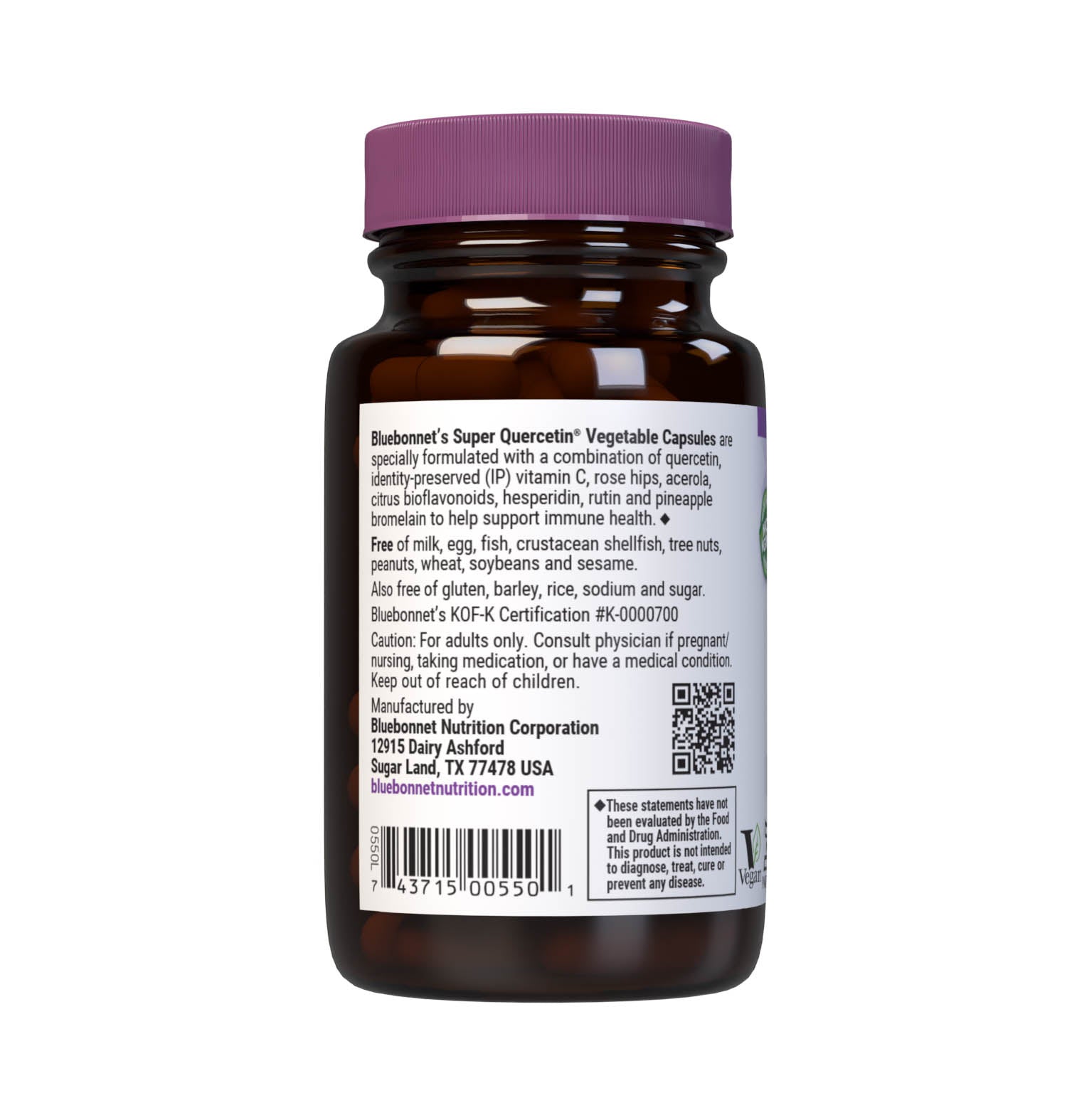 Bluebonnet’s Super Quercetin 30 Vegetable Capsules are specially formulated with a combination of quercetin, identity preserved (IP) vitamin C, rose hips, acerola, citrus bioflavonoids, hesperidin, rutin and pineapple bromelain to help support immune function. Description panel. #size_30 count