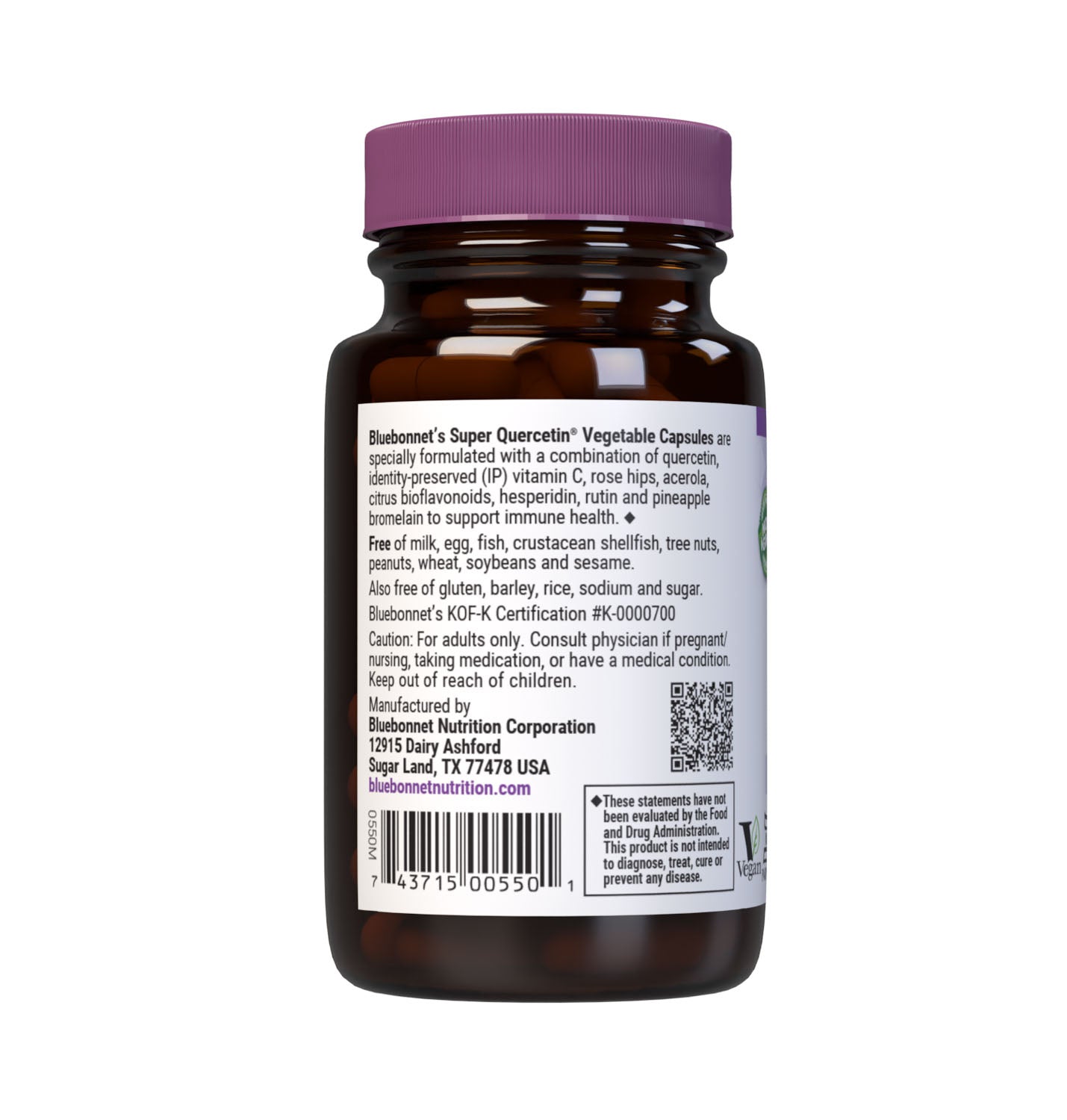 Bluebonnet’s Super Quercetin 30 Vegetable Capsules are specially formulated with a combination of quercetin, identity preserved (IP) vitamin C, rose hips, acerola, citrus bioflavonoids, hesperidin, rutin and pineapple bromelain to help support immune function. Description panel. #size_30 count