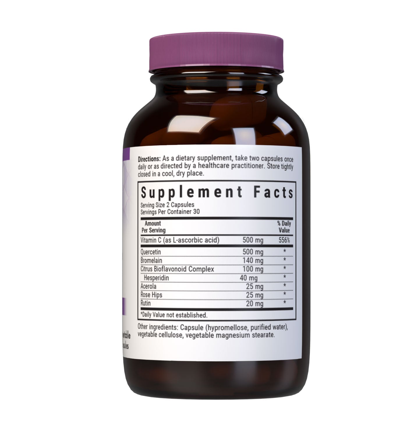 Bluebonnet’s Super Quercetin 60 Vegetable Capsules are specially formulated with a combination of quercetin, identity preserved (IP) vitamin C, rose hips, acerola, citrus bioflavonoids, hesperidin, rutin and pineapple bromelain to help support immune function. Supplement facts panel. #size_60 count