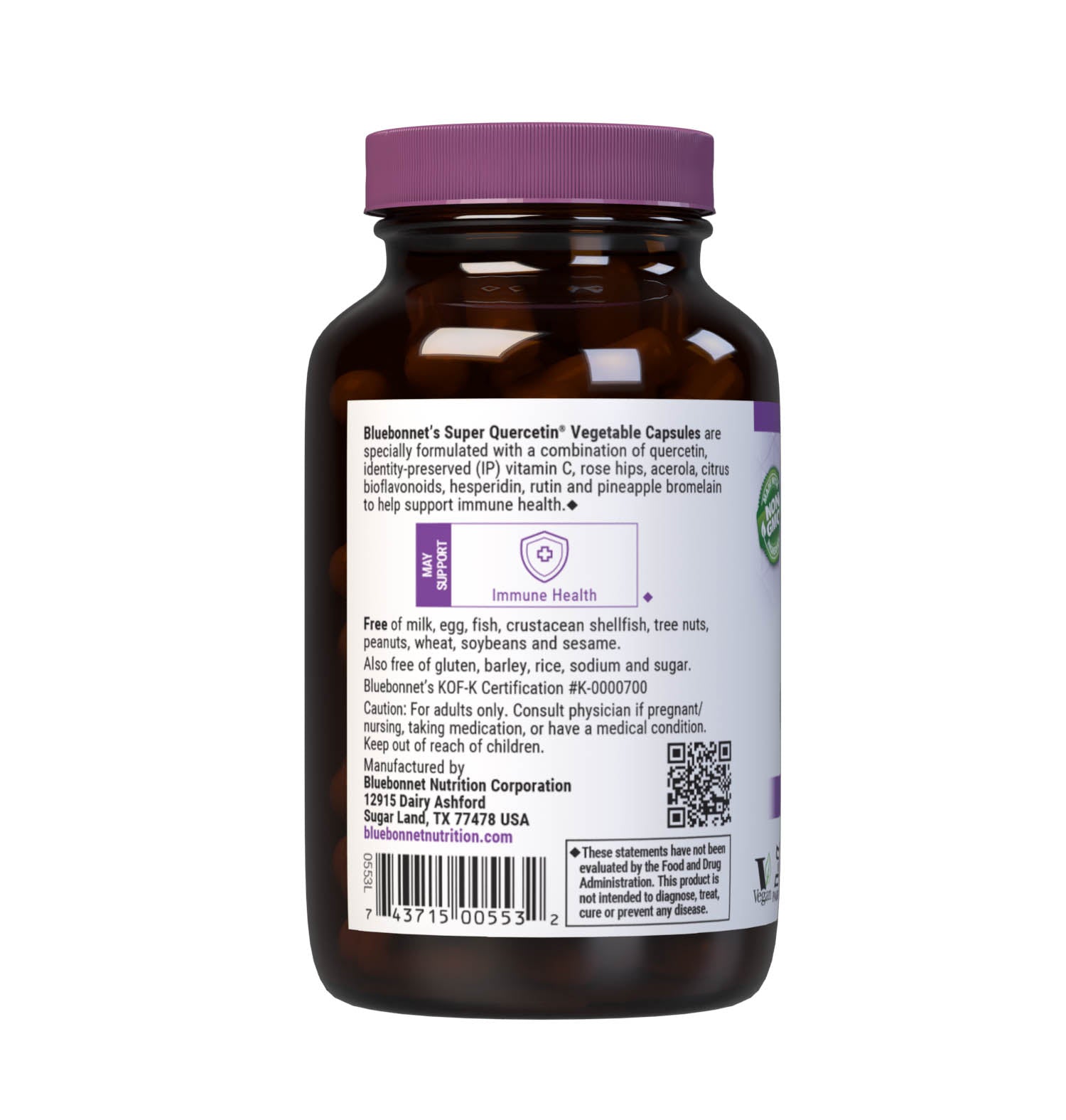 Bluebonnet’s Super Quercetin 90 Vegetable Capsules are specially formulated with a combination of quercetin, identity preserved (IP) vitamin C, rose hips, acerola, citrus bioflavonoids, hesperidin, rutin and pineapple bromelain to help support immune function. Description panel. #size_90 count