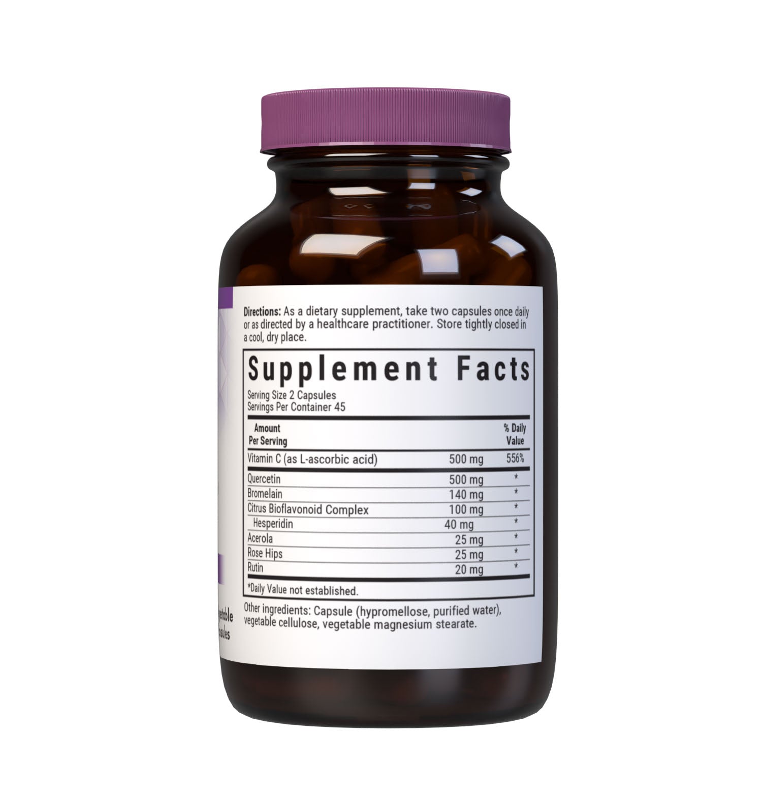 Bluebonnet’s Super Quercetin 90 Vegetable Capsules are specially formulated with a combination of quercetin, identity preserved (IP) vitamin C, rose hips, acerola, citrus bioflavonoids, hesperidin, rutin and pineapple bromelain to help support immune function. Supplement facts panel. #size_90 count