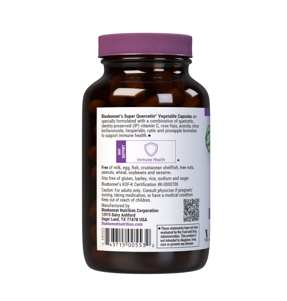 Bluebonnet’s Super Quercetin 90 Vegetable Capsules are specially formulated with a combination of quercetin, identity preserved (IP) vitamin C, rose hips, acerola, citrus bioflavonoids, hesperidin, rutin and pineapple bromelain to help support immune function. Description panel. #size_90 count