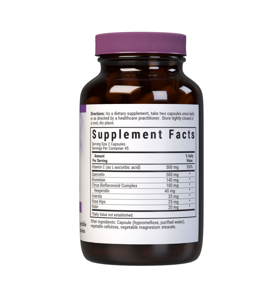 Bluebonnet’s Super Quercetin 90 Vegetable Capsules are specially formulated with a combination of quercetin, identity preserved (IP) vitamin C, rose hips, acerola, citrus bioflavonoids, hesperidin, rutin and pineapple bromelain to help support immune function. Supplement facts panel. #size_90 count