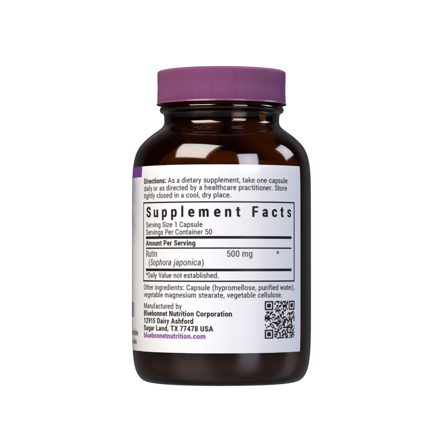 Bluebonnet’s Rutin 500 mg 50 Vegetable Capsules are formulated with rutin, a bioflavonoid from Sophora japonica that may support vascular strength. Supplement facts panel. #size_50 count