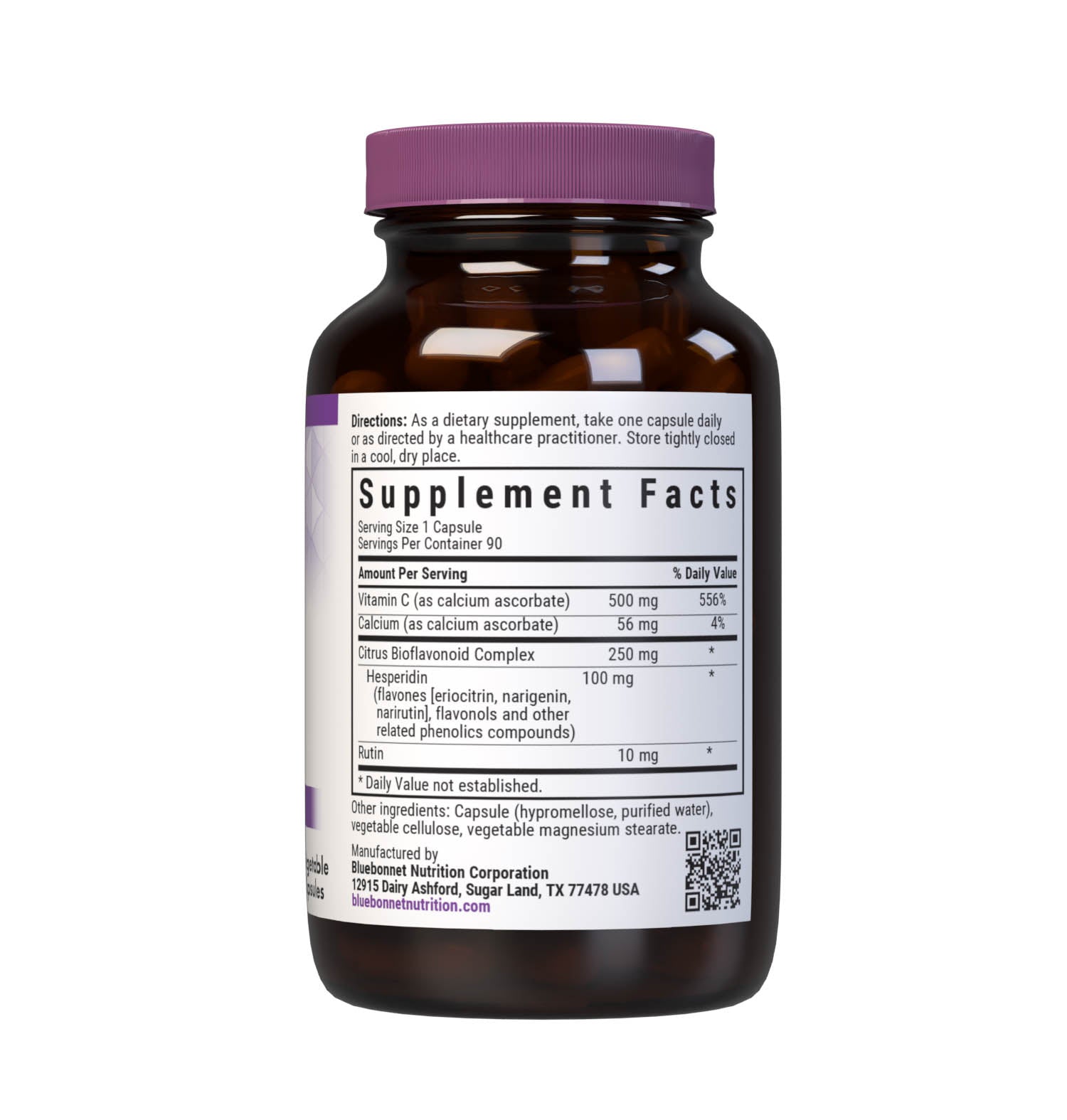 Bluebonnet’s Buffered Vitamin C-500 mg 90 Vegetable Capsules are formulated with non-GMO identity-preserved (IP) vitamin C from calcium ascorbate, along with citrus bioflavonoids from oranges, lemons, tangerines, grapefruit and limes as well as hesperidin and rutin to help support immune function. Supplement facts panel. #size_90 count