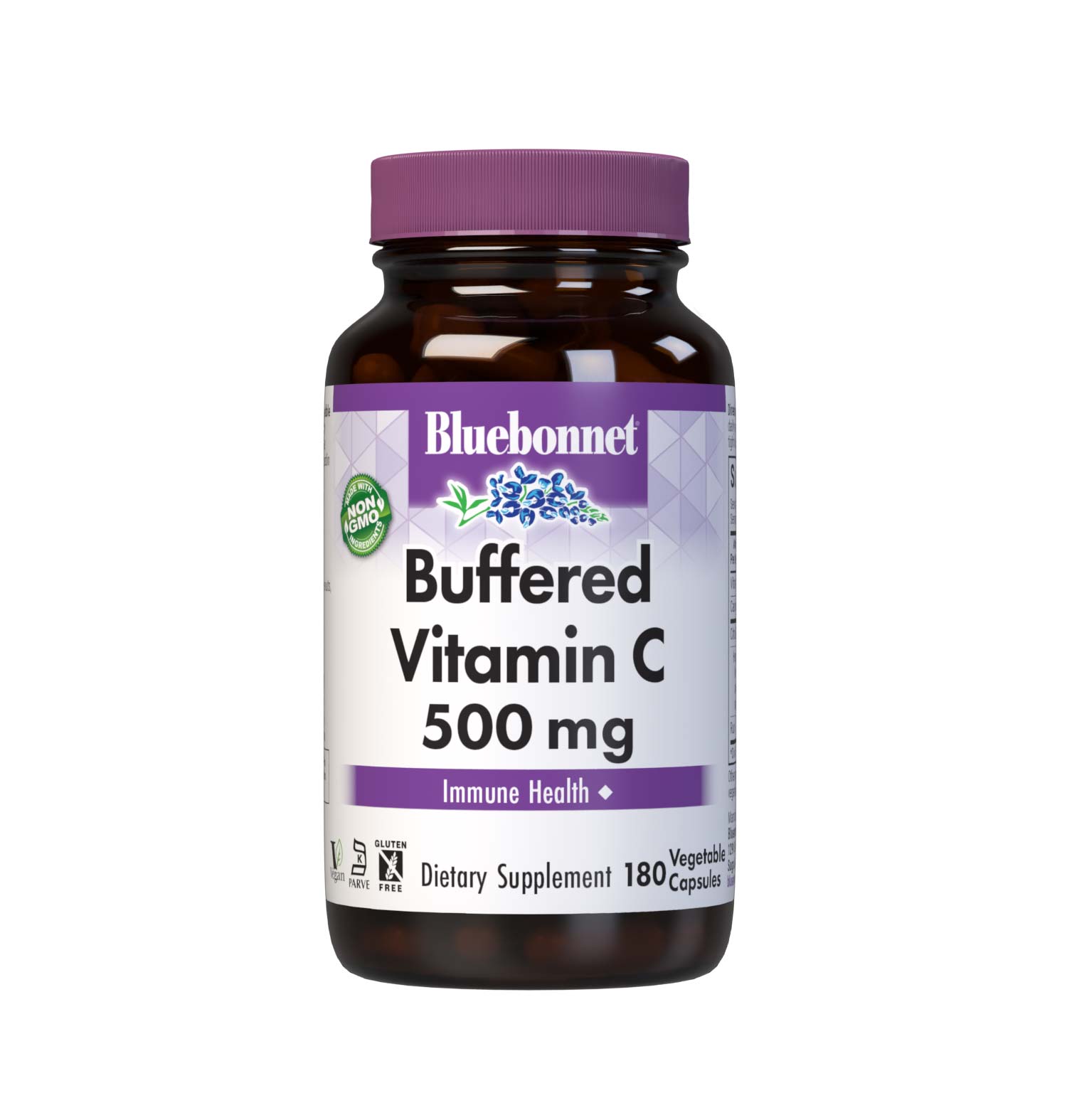 Bluebonnet’s Buffered Vitamin C-500 mg 180 Vegetable Capsules are formulated with non-GMO identity-preserved (IP) vitamin C from calcium ascorbate, along with citrus bioflavonoids from oranges, lemons, tangerines, grapefruit and limes as well as hesperidin and rutin to help support immune function. #size_180 count