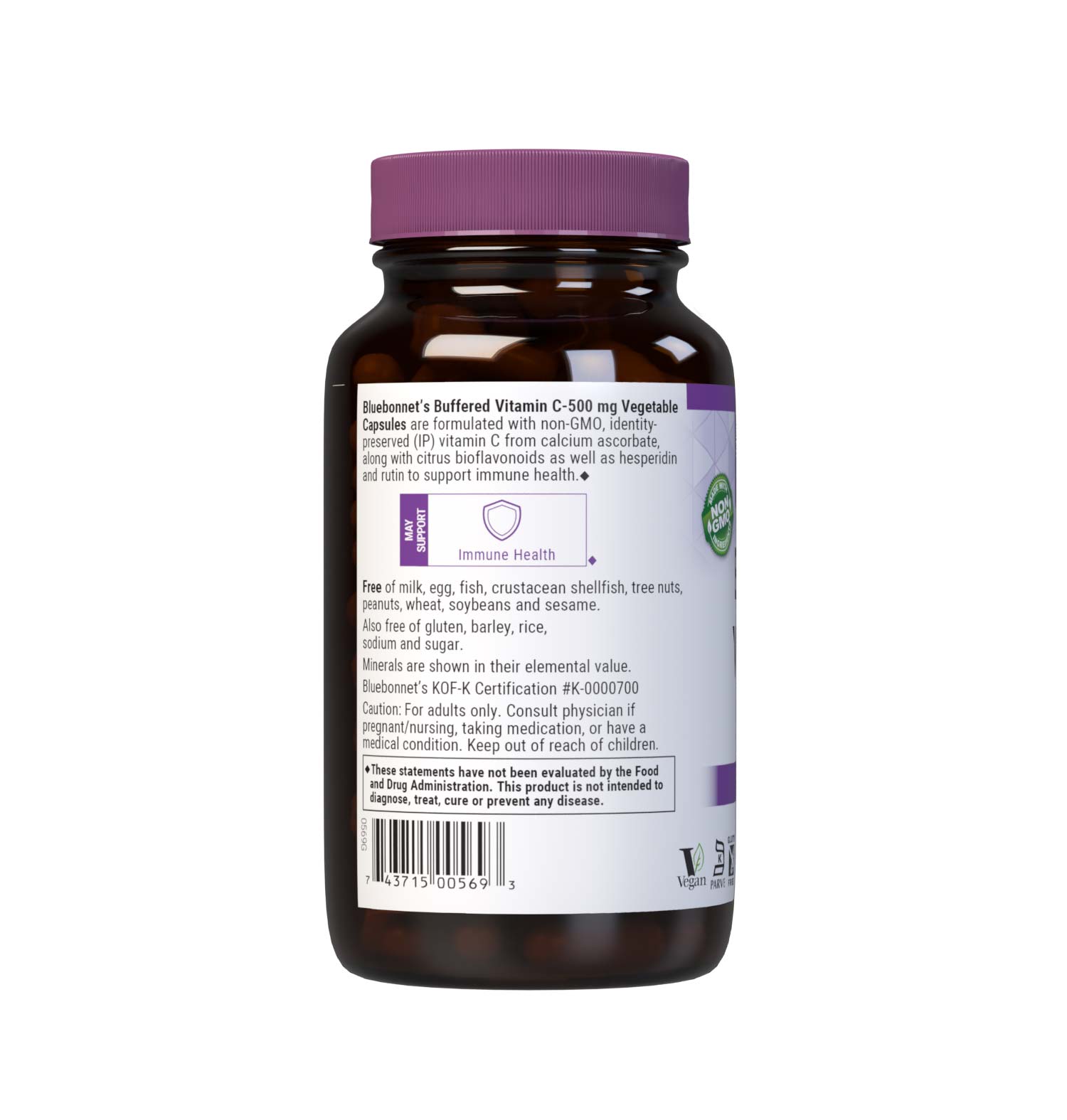 Bluebonnet’s Buffered Vitamin C-500 mg 180 Vegetable Capsules are formulated with non-GMO identity-preserved (IP) vitamin C from calcium ascorbate, along with citrus bioflavonoids from oranges, lemons, tangerines, grapefruit and limes as well as hesperidin and rutin to help support immune function. Description panel. #size_180 count