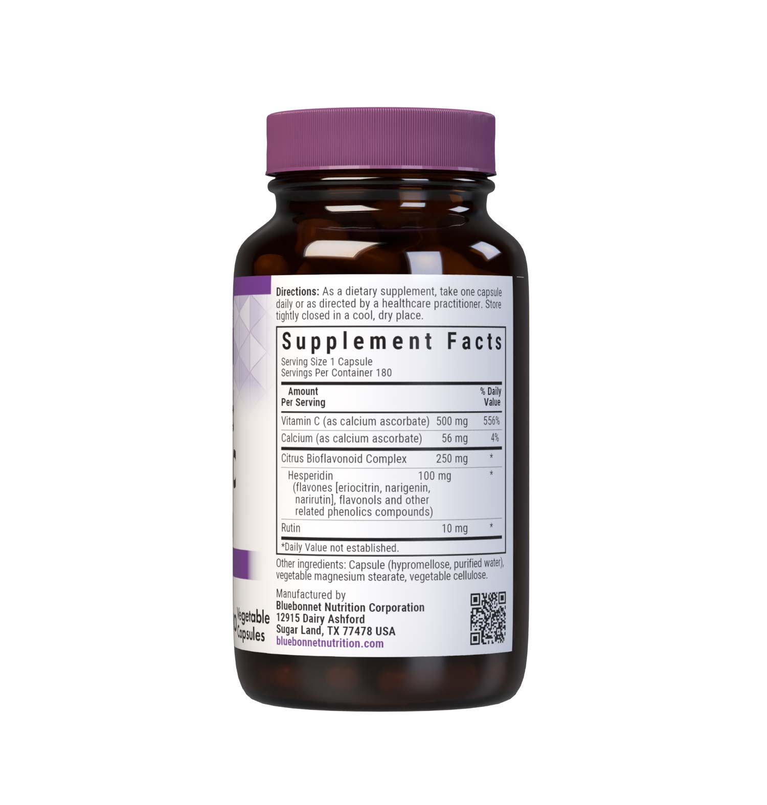 Bluebonnet’s Buffered Vitamin C-500 mg 180 Vegetable Capsules are formulated with non-GMO identity-preserved (IP) vitamin C from calcium ascorbate, along with citrus bioflavonoids from oranges, lemons, tangerines, grapefruit and limes as well as hesperidin and rutin to help support immune function. Supplement facts panel. #size_180 count