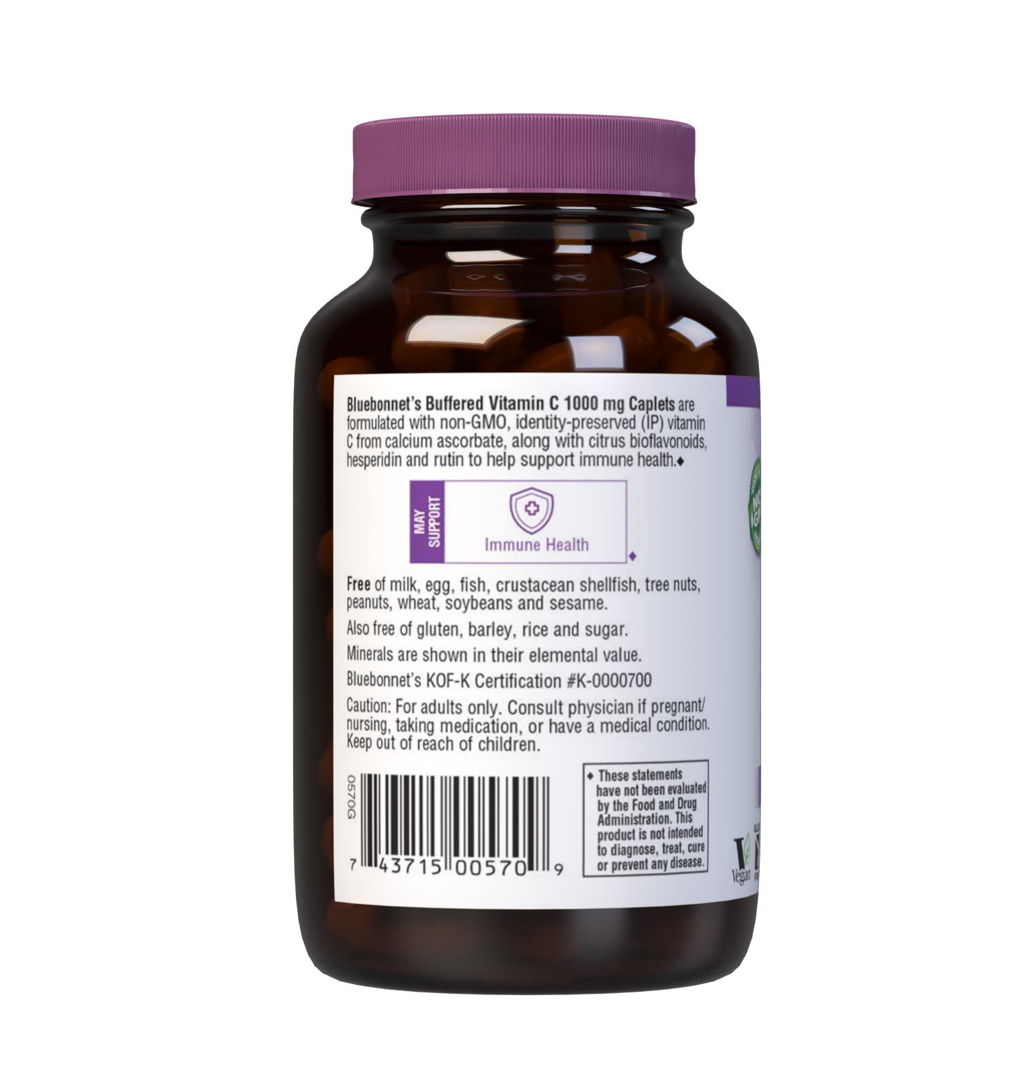 Bluebonnet Nutrition's BUFFERED VITAMIN C-1000 mg 90 caplets is formulated with 1000 mg of identity-preserved (IP) Buffered Vitamin C & Citrus Bioflavonoids and Rutin. Description panel. #size_90 count