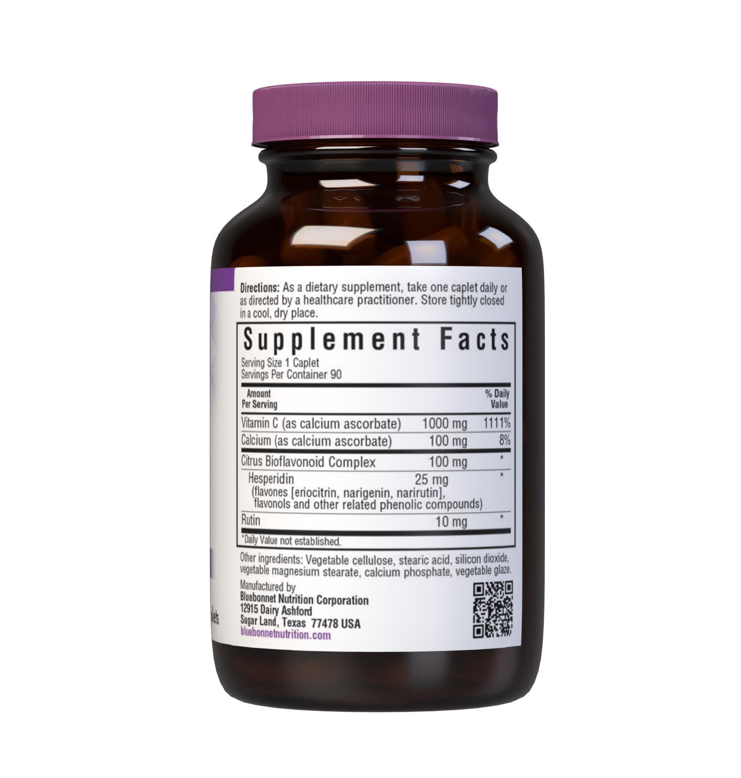 Bluebonnet Nutrition's BUFFERED VITAMIN C-1000 mg 90 caplets is formulated with 1000 mg of identity-preserved (IP) Buffered Vitamin C & Citrus Bioflavonoids and Rutin. Supplement facts panel. #size_90 count