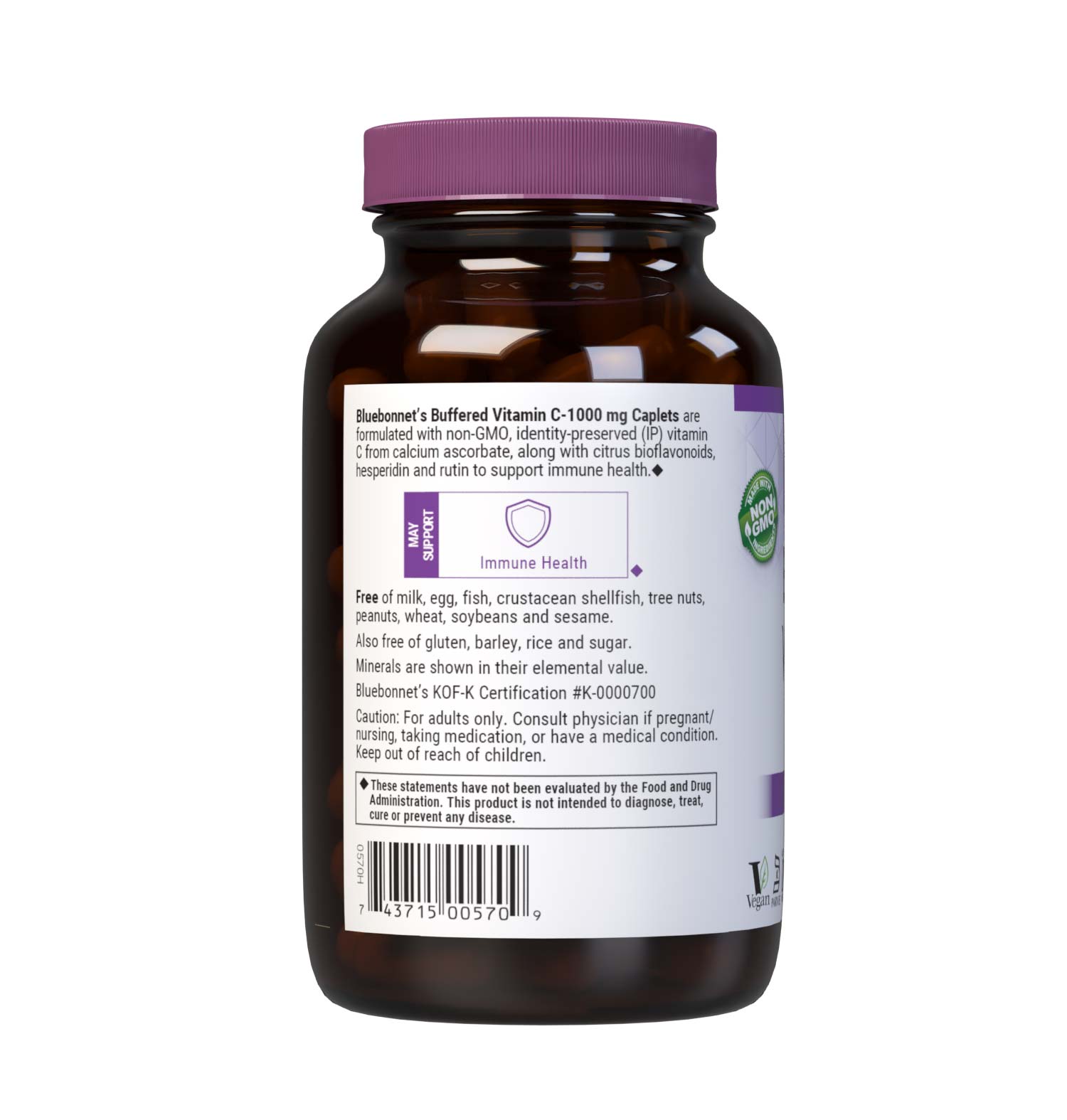 Bluebonnet Nutrition's BUFFERED VITAMIN C-1000 mg 90 caplets is formulated with 1000 mg of identity-preserved (IP) Buffered Vitamin C & Citrus Bioflavonoids and Rutin. Description panel. #size_90 count