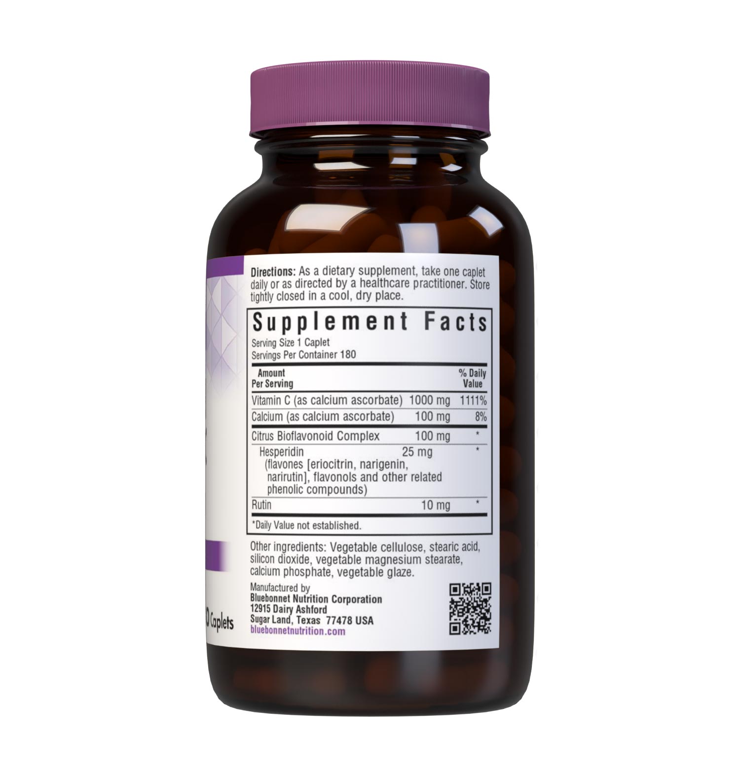 Bluebonnet Nutrition's BUFFERED VITAMIN C-1000 mg 180 caplets is formulated with 1000 mg of identity-preserved (IP) Buffered Vitamin C & Citrus Bioflavonoids and Rutin. Supplement facts panel. #size_180 count