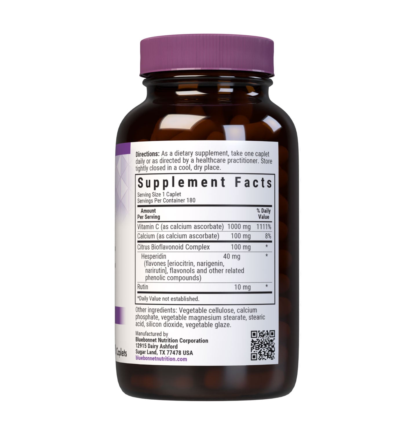 Bluebonnet Nutrition's BUFFERED VITAMIN C-1000 mg 180 caplets is formulated with 1000 mg of identity-preserved (IP) Buffered Vitamin C & Citrus Bioflavonoids and Rutin. Supplement facts panel. #size_180 count