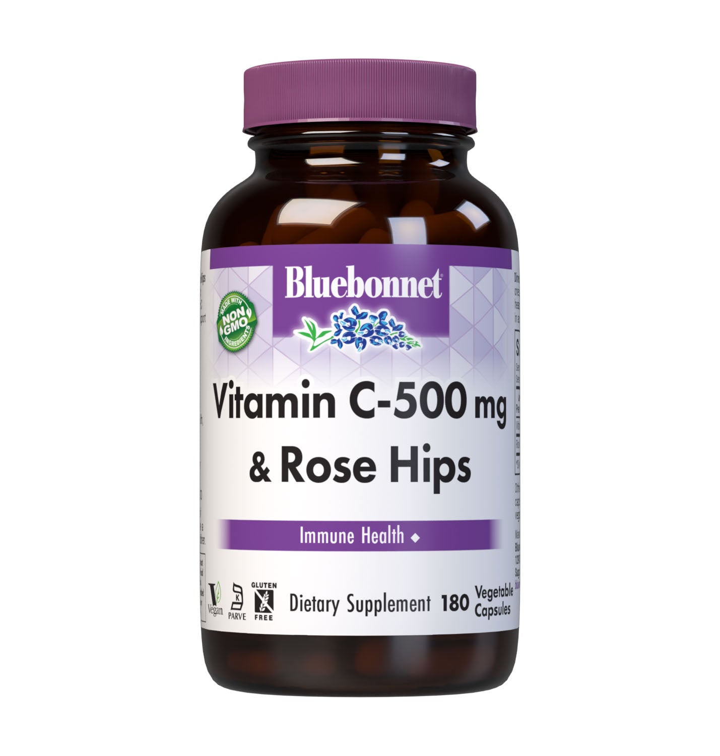 Bluebonnet’s Vitamin C-500 mg & Rose Hips 180 Vegetable Capsules are formulated with non-GMO, identity preserved (IP) vitamin C from L-ascorbic acid and rose hips to help support immune function. #size_180 count