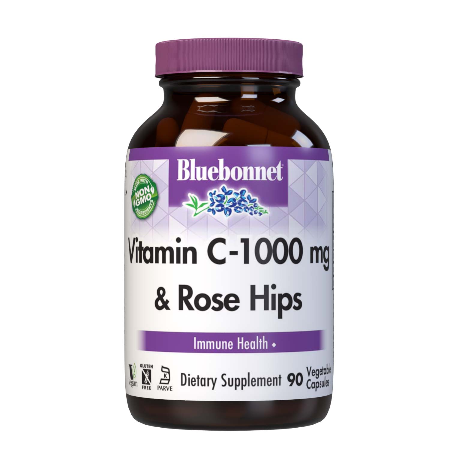 Bluebonnet’s Vitamin C-1000 mg & Rose Hips 90 Vegetable Capsules are formulated with non-GMO, identity preserved (IP) vitamin C from L-ascorbic acid and rose hips to help support immune function. #size_90 count