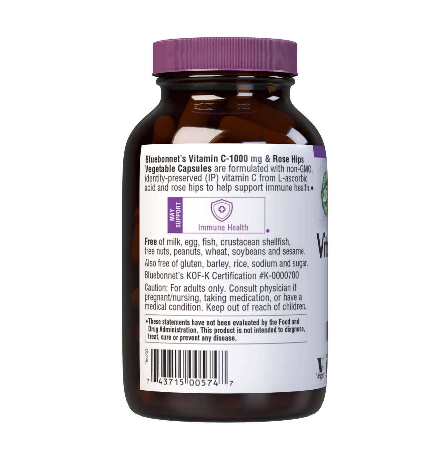 Bluebonnet’s Vitamin C-1000 mg & Rose Hips 90 Vegetable Capsules are formulated with non-GMO, identity preserved (IP) vitamin C from L-ascorbic acid and rose hips to help support immune function. Description panel. #size_90 count