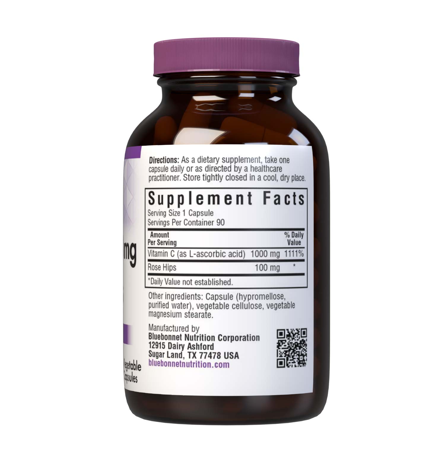 Bluebonnet’s Vitamin C-1000 mg & Rose Hips 90 Vegetable Capsules are formulated with non-GMO, identity preserved (IP) vitamin C from L-ascorbic acid and rose hips to help support immune function. Supplement facts panel. #size_90 count