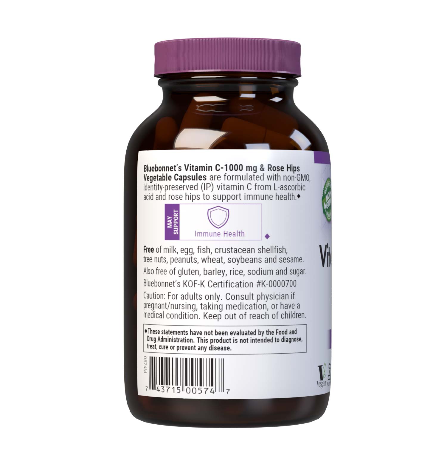 Bluebonnet’s Vitamin C-1000 mg & Rose Hips 90 Vegetable Capsules are formulated with non-GMO, identity preserved (IP) vitamin C from L-ascorbic acid and rose hips to help support immune function. Description panel. #size_90 count