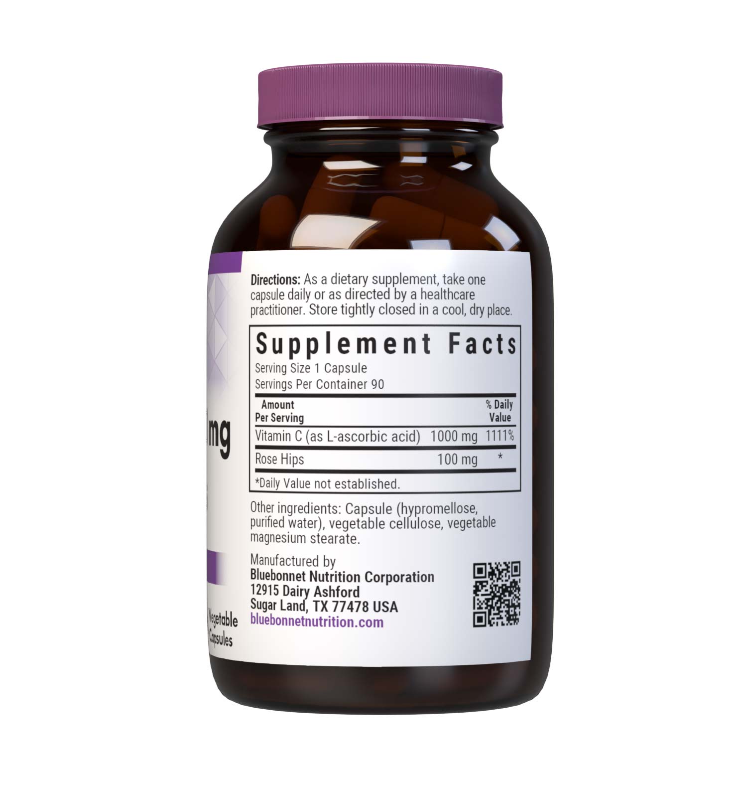 Bluebonnet’s Vitamin C-1000 mg & Rose Hips 90 Vegetable Capsules are formulated with non-GMO, identity preserved (IP) vitamin C from L-ascorbic acid and rose hips to help support immune function. Supplement facts panel. #size_90 count
