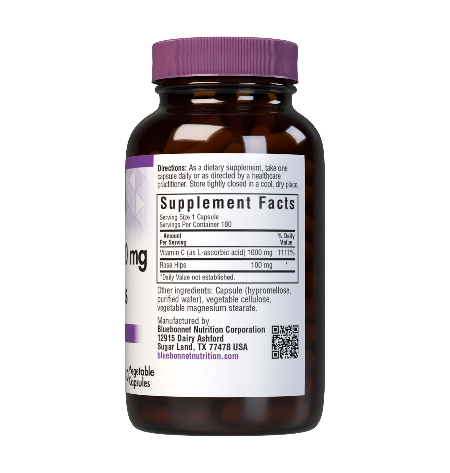 Bluebonnet’s Vitamin C-1000 mg & Rose Hips 180 Vegetable Capsules are formulated with non-GMO, identity preserved (IP) vitamin C from L-ascorbic acid and rose hips to help support immune function. Supplement facts panel. #size_180 count