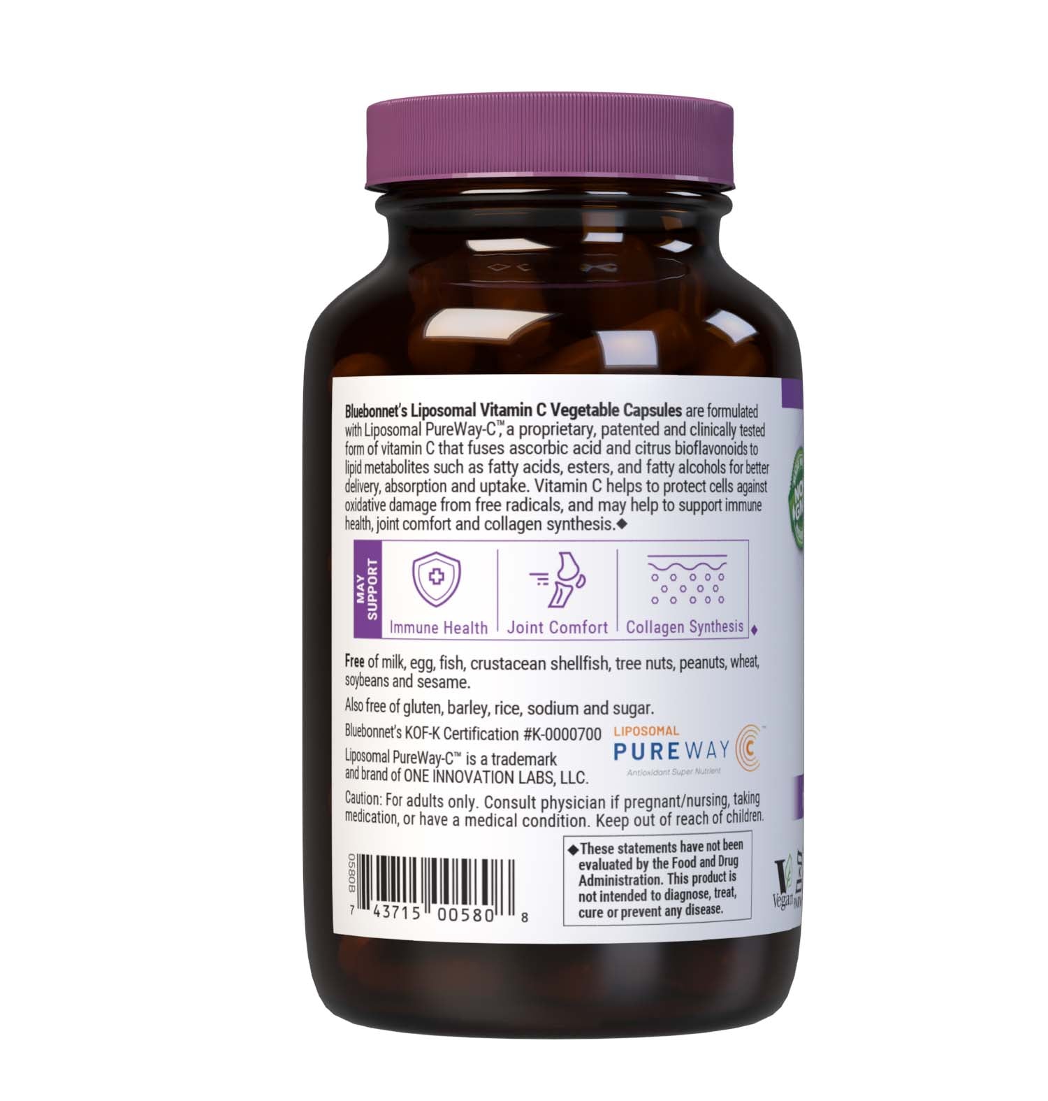 Formulated with Liposomal Pureway-C, 90 Vegetable Capsules a patented and clinically tested form of vitamin C that fuses ascorbic acid and citrus bioflavonoids to lipid metabolites such as fatty acids, esters, and fatty alcohols for better delivery, absorption and uptake to help support immune health, joint comfort & collagen synthesis. Description panel. #size_90 count