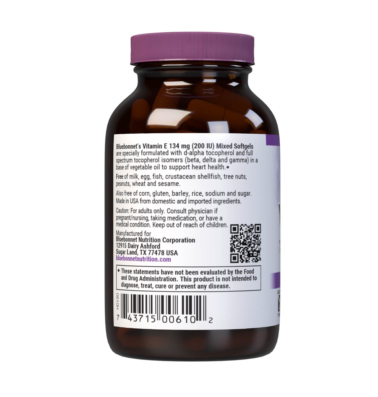 Bluebonnet’s Vitamin E 200 lU (134 mg) Mixed Softgels are specially formulated with d-alpha tocopherol and full spectrum tocopherol isomers (beta, delta and gamma) in a base of vegetable oil. Vitamin E is an antioxidant that provides free radical protection as well as cardiovascular support. Description panel. #size_50 count