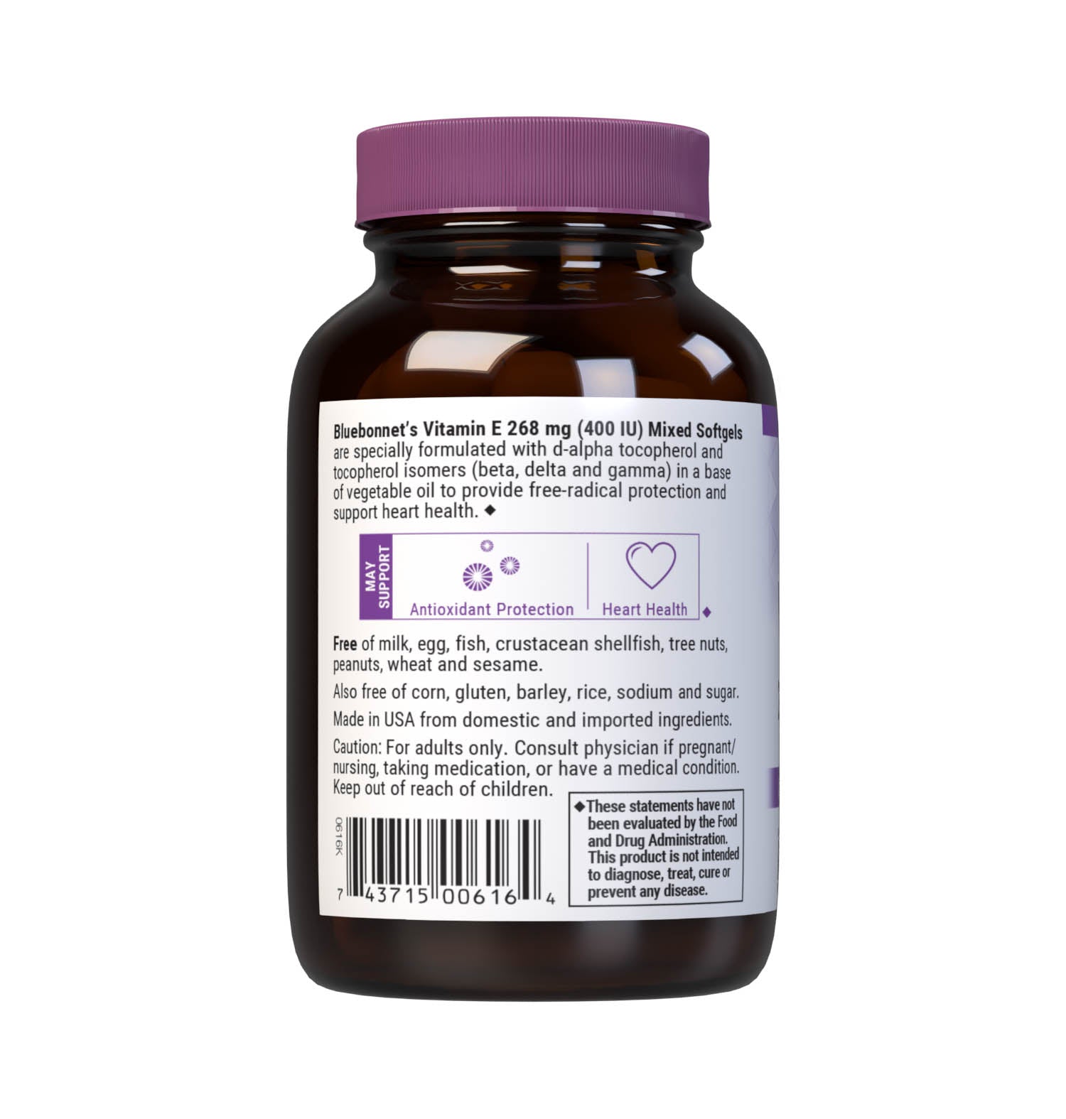 Bluebonnet’s Vitamin E 268 mg (400 IU) Mixed Softgels are specially formulated with d-alpha tocopherol and tocopherol isomers (beta, delta and gamma) in a base of vegetable oil. Description panel. #size_50 count