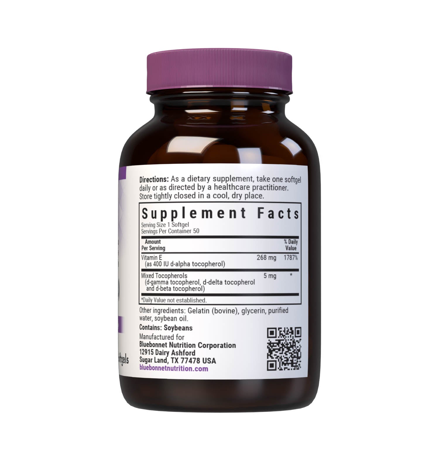 Bluebonnet’s Vitamin E 268 mg (400 IU) Mixed Softgels are specially formulated with d-alpha tocopherol and tocopherol isomers (beta, delta and gamma) in a base of vegetable oil. Supplement facts panel. #size_50 count