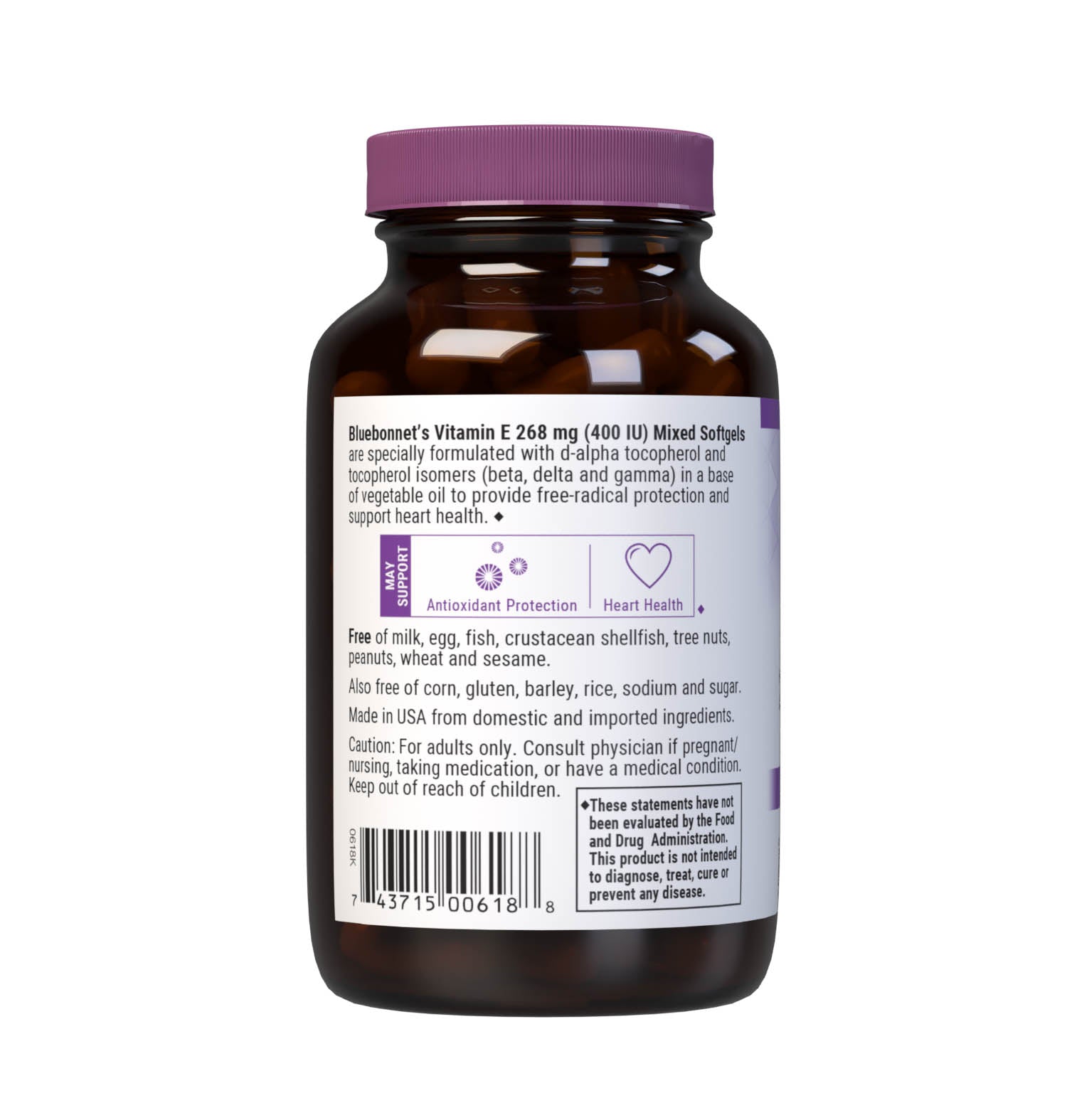 Bluebonnet’s Vitamin E 268 mg (400 IU) Mixed Softgels are specially formulated with d-alpha tocopherol and tocopherol isomers (beta, delta and gamma) in a base of vegetable oil. Description panel. #size_100 count