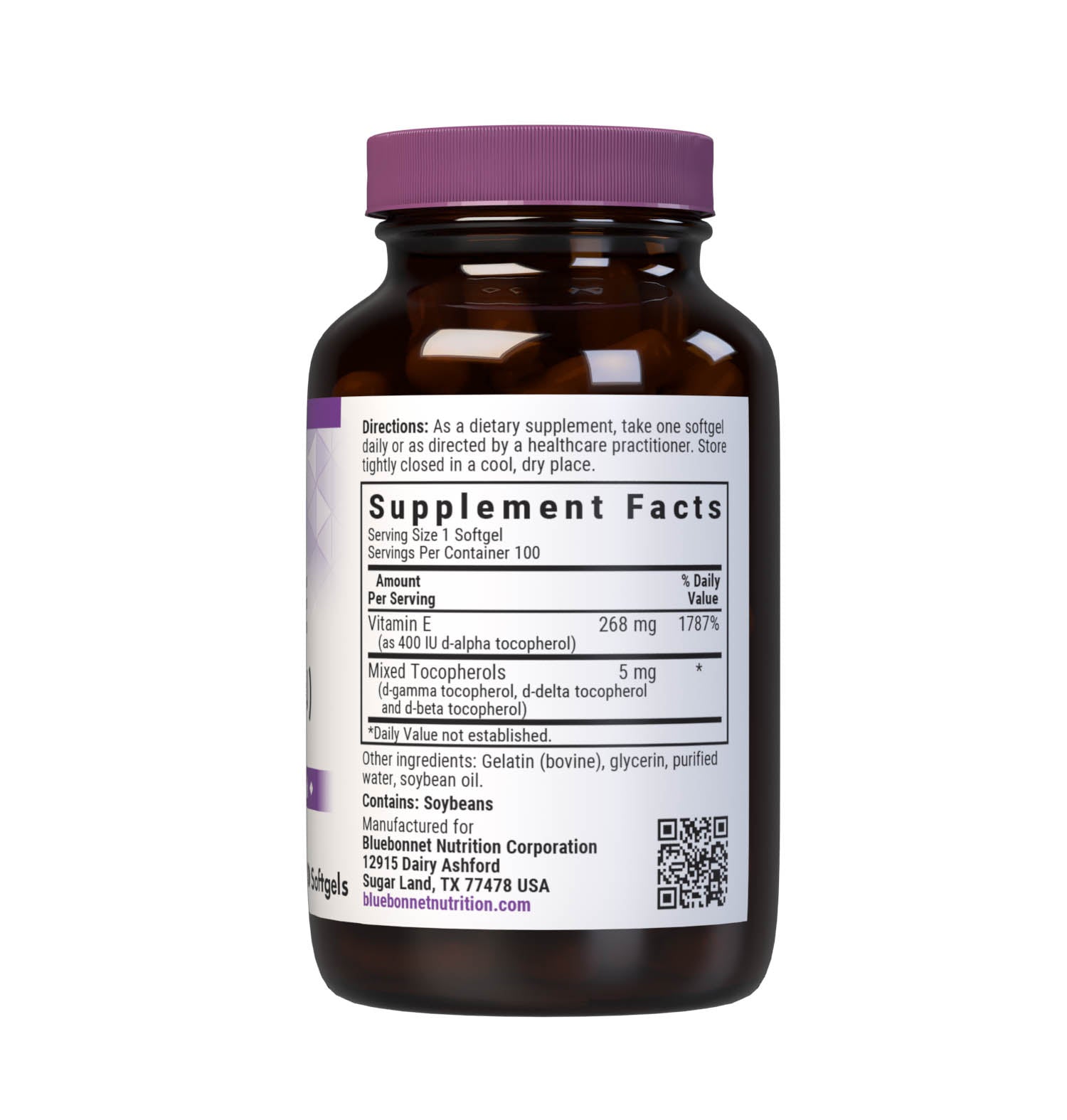 Bluebonnet’s Vitamin E 268 mg (400 IU) Mixed Softgels are specially formulated with d-alpha tocopherol and tocopherol isomers (beta, delta and gamma) in a base of vegetable oil. Supplement facts panel. #size_100 count