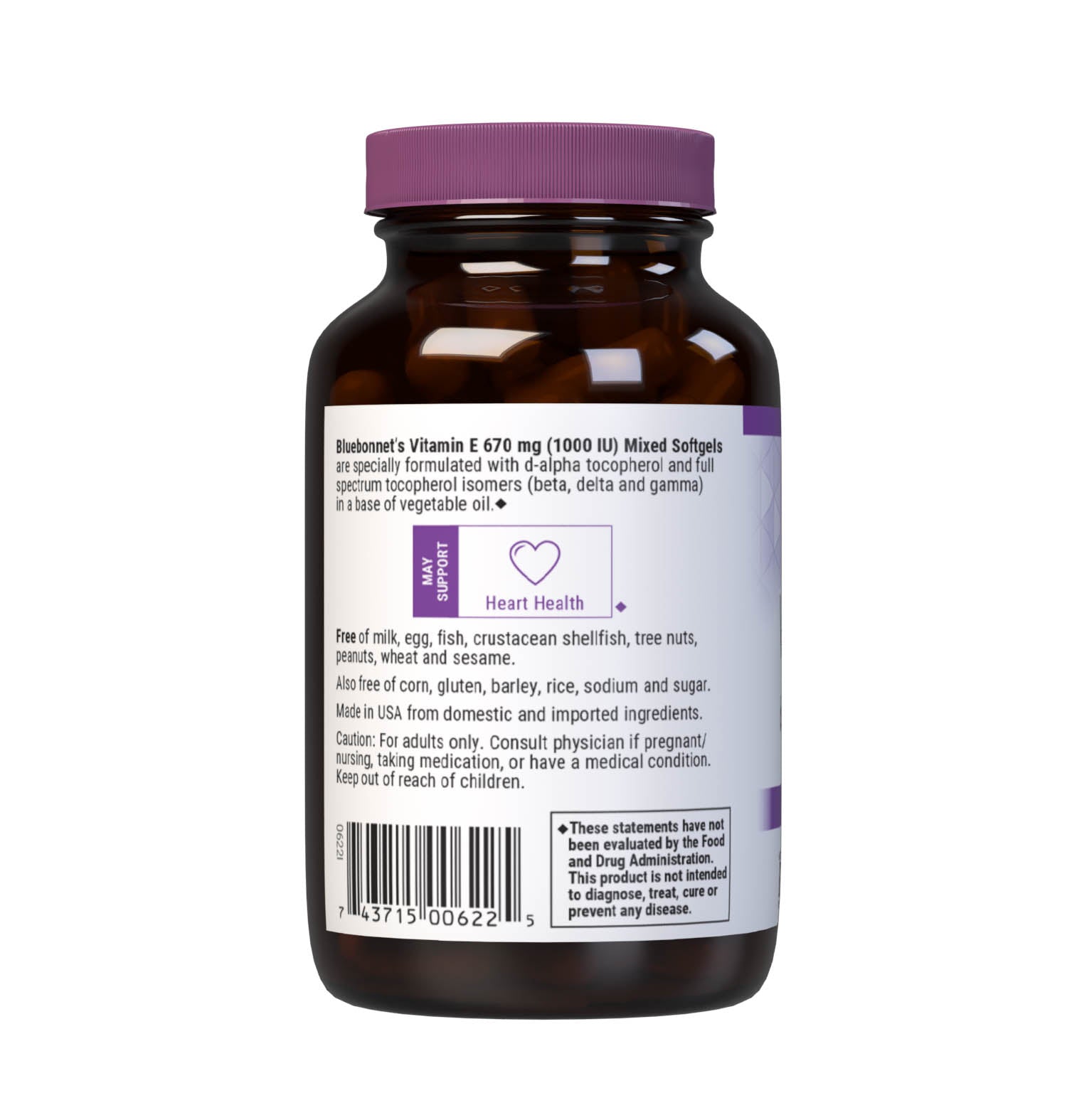 Bluebonnet’s Vitamin E 1000 lU (670 mg) Mixed Softgels are specially formulated with d-alpha tocopherol and full spectrum tocopherol isomers (beta, delta and gamma) in a base of vegetable oil. Vitamin E is an antioxidant that provides free radical protection as well as cardiovascular support. Description panel. #size_50 count