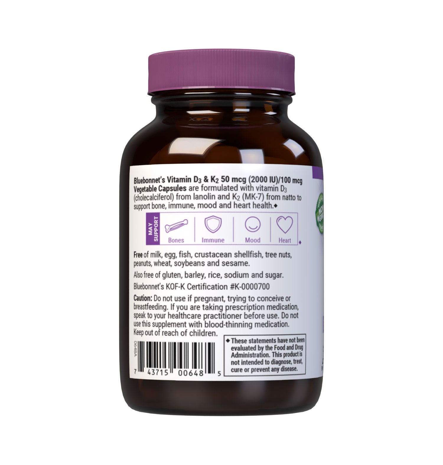 Bluebonnet’s Vitamin D3 & K2 60 Vegetable Capsules are formulated with (2000 IU) 50 mcg of vitamin D3 (cholecalciferol) and 100 mcg of vitamin K2 (MK-7) from Natto. Description panel. #size_60 count