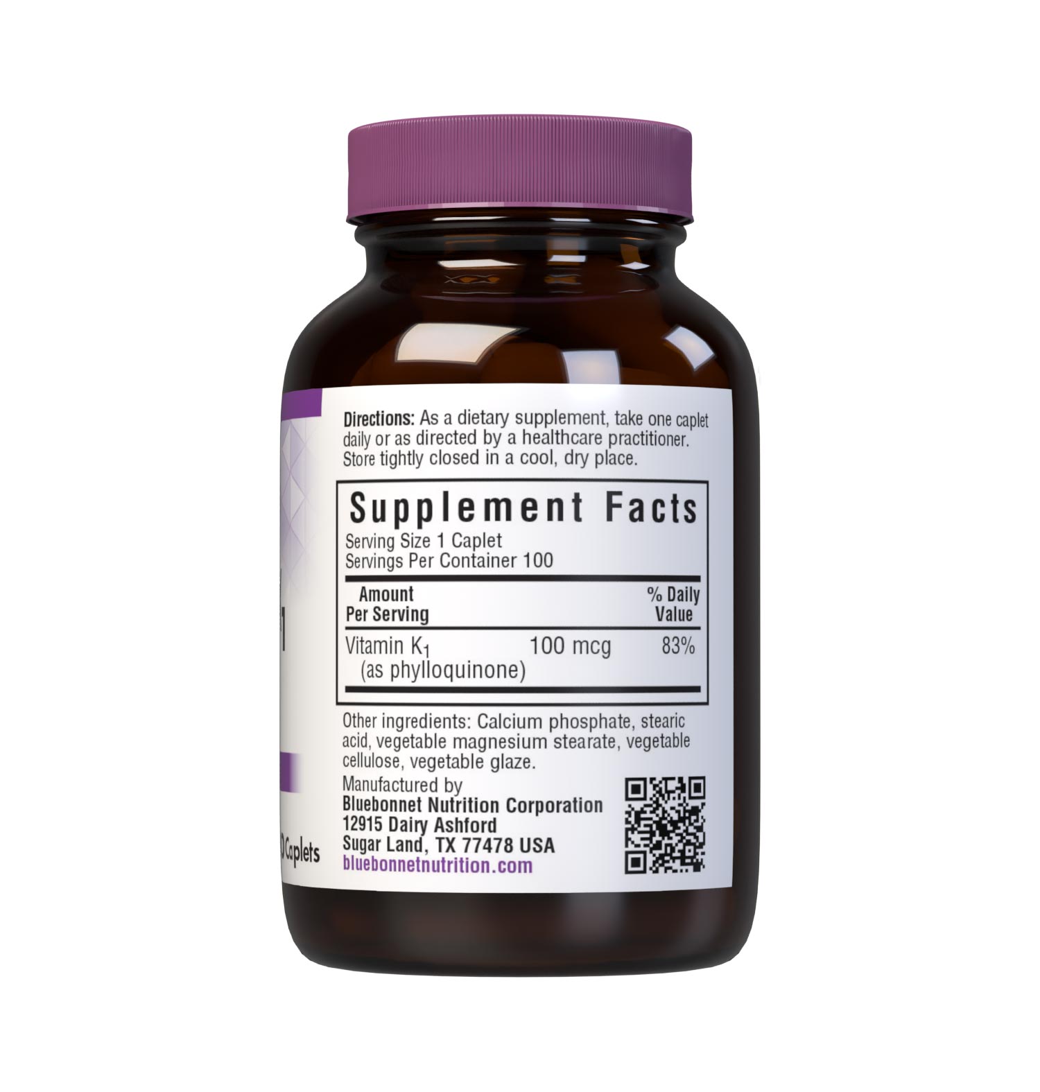 Bluebonnet’s Vitamin K1 100 mcg 100 Caplets are formulated with vitamin K1 (phytonadione) in its crystalline form to help support bone health. Supplement facts panel. #size_100 count