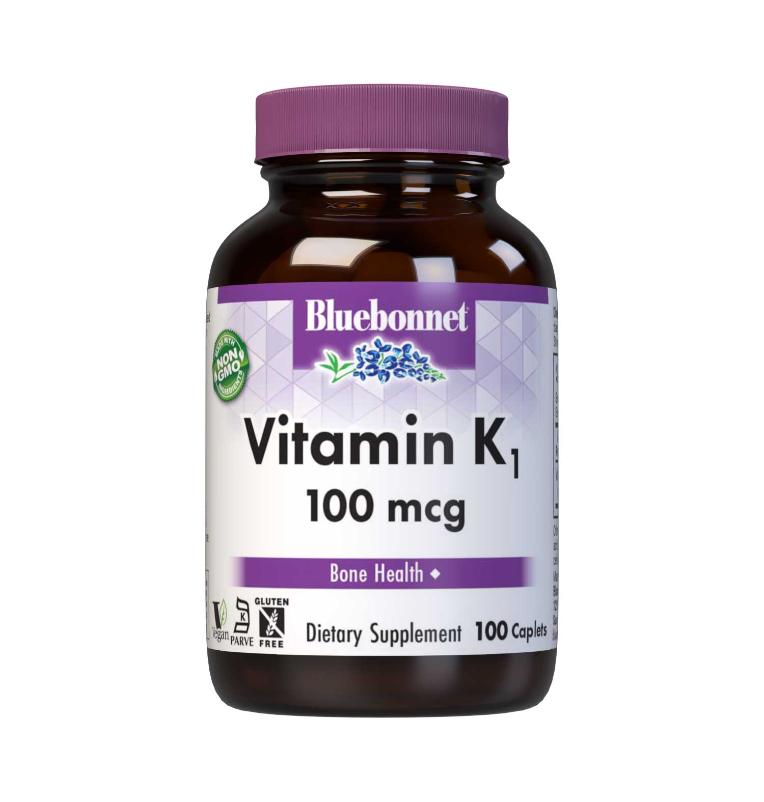 Bluebonnet’s Vitamin K1 100 mcg 100 Caplets are formulated with vitamin K1 (phytonadione) in its crystalline form to help support bone health. #size_100 count
