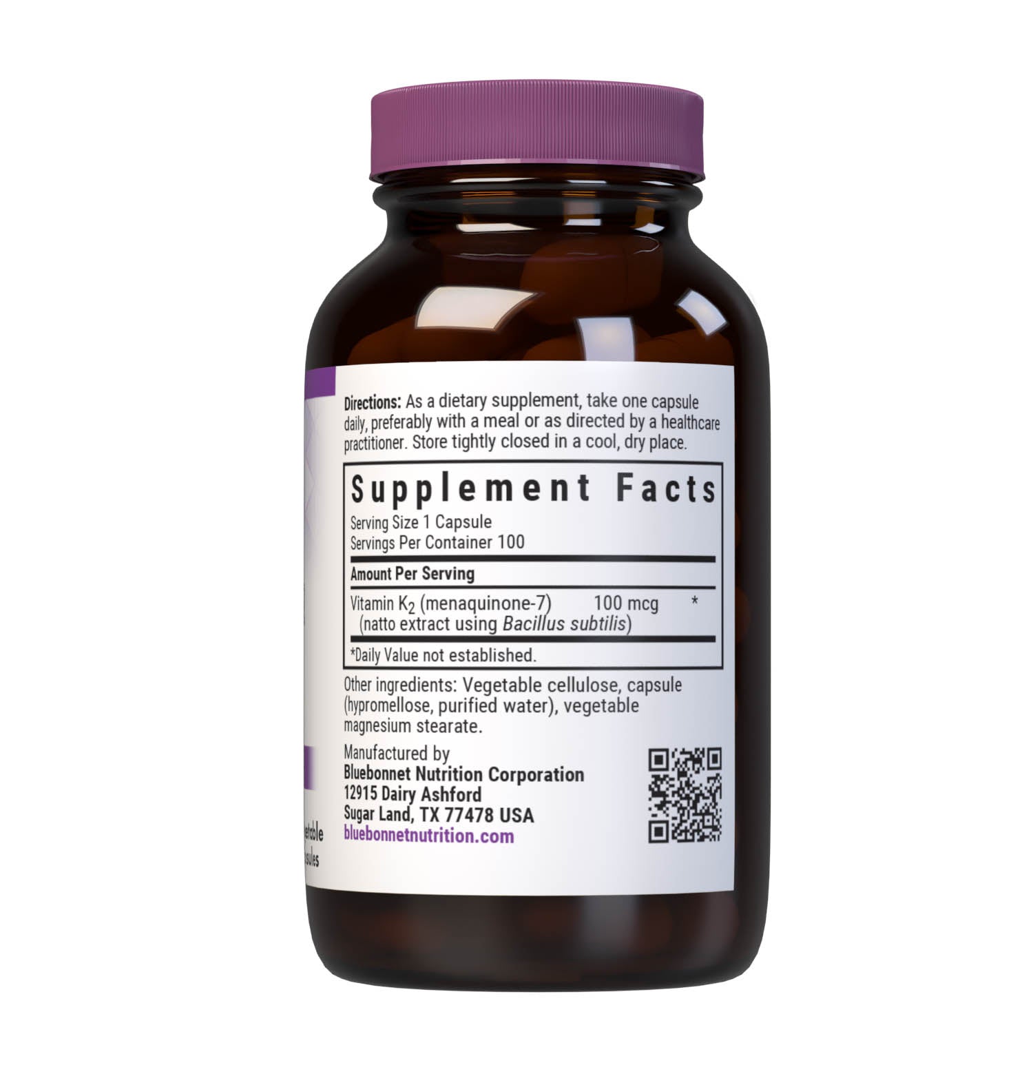 Bluebonnet’s Vitamin K2 100 mcg 100 Vegetable Capsules are formulated with Menaquinone-7 (MK-7) which is produced through a patented biofermentation process from Bacillus subtilis natto cultures. Menaquinone-7 is an enhanced bioactive form of vitamin K2 to help support bone and cardiovascular health. Supplement facts panel. #size_100 count