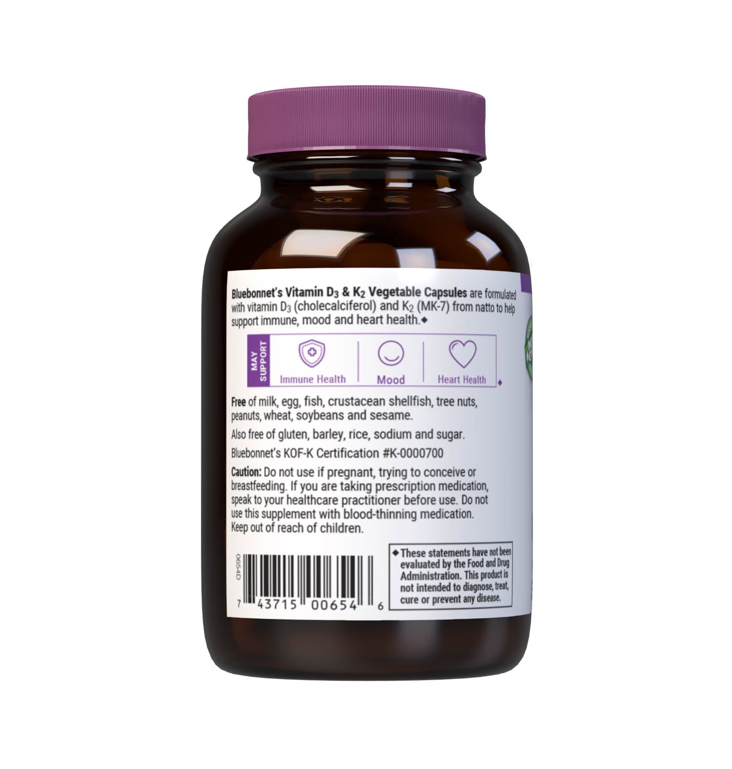 Bluebonnet’s Vitamin D3 & K2 60 Vegetable Capsules are formulated with vitamin D3 (cholecalciferol) and vitamin K2 (MK-7) from Natto . Description panel. #size_60 count