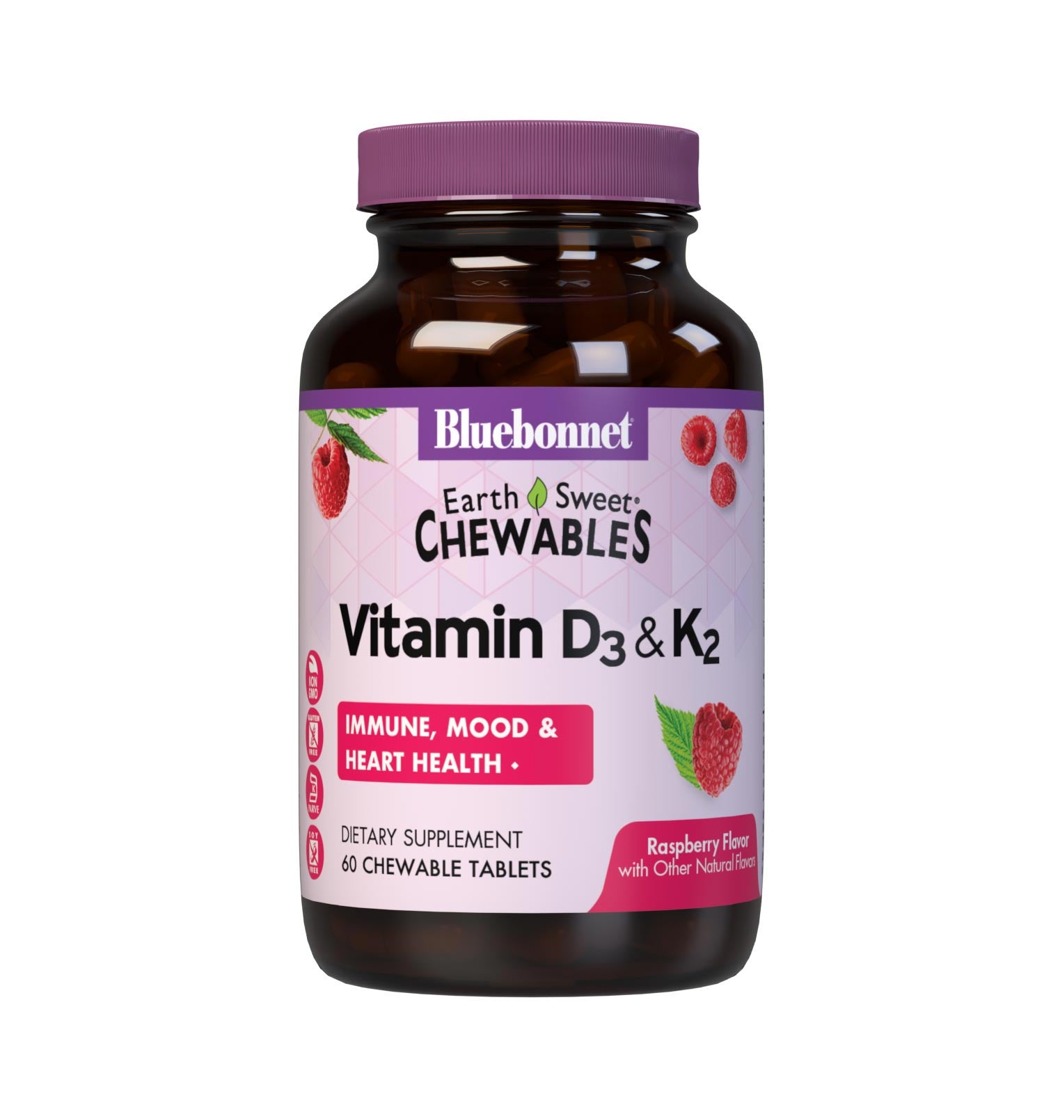 Earthsweet chewables Vitamin D3 K2 specially formulated with 125 mcg (5000 iu) vitamin d3 from lanolin and 100 mcg vitamin k2 from natto in a delicious raspberry flavor and sweetened with EarthSweet, a proprietary sweetening mix of fruit powders and cane sugar crystals to help support immune function, mood, and heart health. #size_60 count