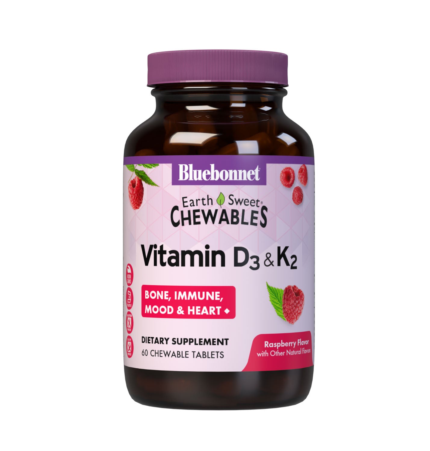 Earthsweet chewables Vitamin D3 K2 specially formulated with 125 mcg (5000 iu) vitamin d3 from lanolin and 100 mcg vitamin k2 from natto in a delicious raspberry flavor and sweetened with EarthSweet, a proprietary sweetening mix of fruit powders and cane sugar crystals to help support immune function, mood, and heart health. #size_60 count