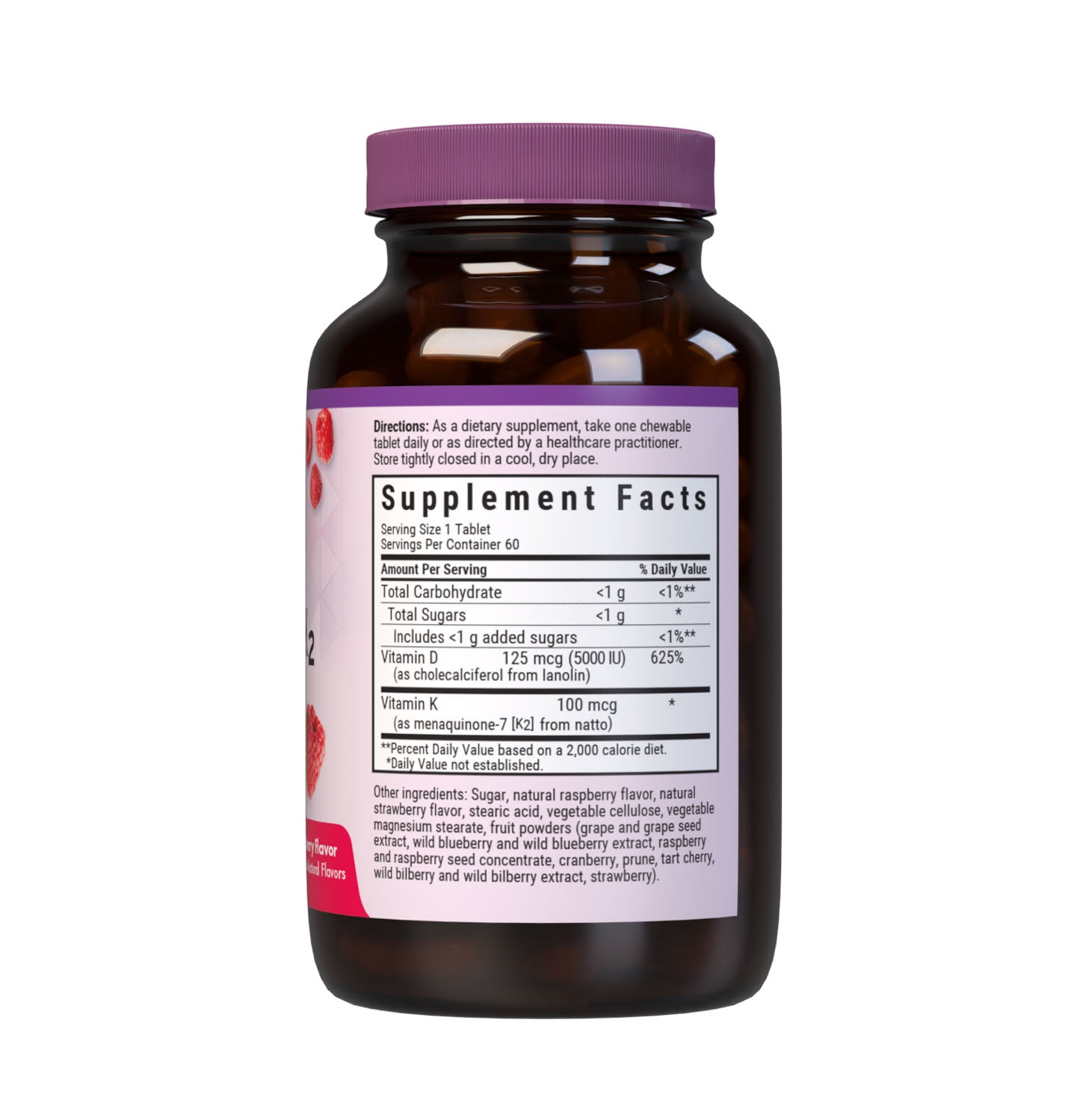 Earthsweet chewables Vitamin D3 K2 specially formulated with 125 mcg (5000 iu) vitamin d3 from lanolin and 100 mcg vitamin k2 from natto in a delicious raspberry flavor and sweetened with EarthSweet, a proprietary sweetening mix of fruit powders and cane sugar crystals to help support immune function, mood, and heart health. Supplement facts panel. #size_60 count