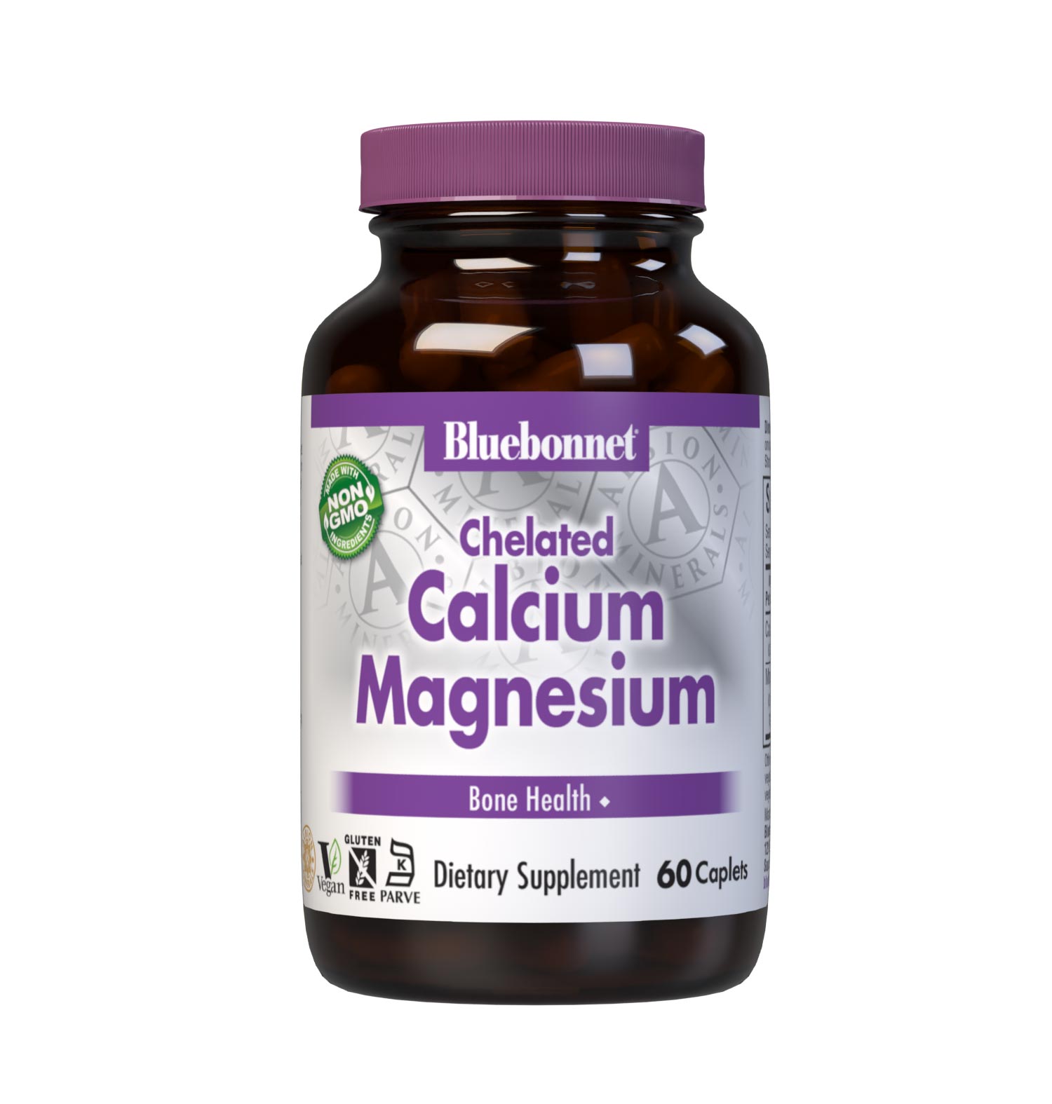 Bluebonnet's Chelated Calcium Magnesium 60 Caplets are formulated with 500 mg of elemental calcium from fully reacted calcium bisglycinate and 200 mg of elemental magnesium from magnesium glycinate chelate buffered with magnesium oxide from Albion for strong healthy bones. Buffered magnesium increases the pH (alkalinity) of the formula, making it more gentle on the digestive tract and easier to absorb. #size_60 count