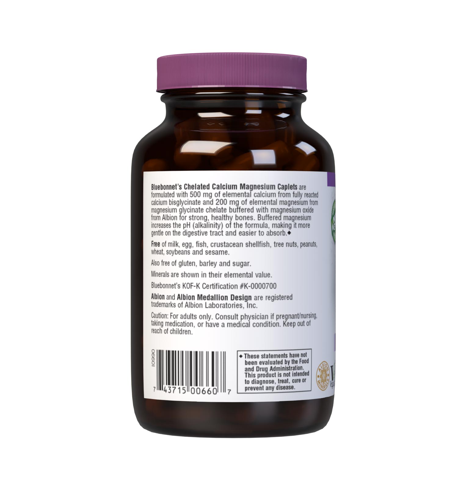 Bluebonnet's Chelated Calcium Magnesium 60 Caplets are formulated with 500 mg of elemental calcium from fully reacted calcium bisglycinate and 200 mg of elemental magnesium from magnesium glycinate chelate buffered with magnesium oxide from Albion for strong healthy bones. Buffered magnesium increases the pH (alkalinity) of the formula, making it more gentle on the digestive tract and easier to absorb. Description panel. #size_60 count