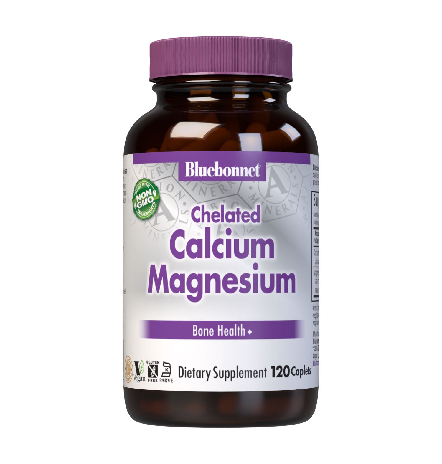 Bluebonnet's Chelated Calcium Magnesium 120 Caplets are formulated with 500 mg of elemental calcium from fully reacted calcium bisglycinate and 200 mg of elemental magnesium from magnesium glycinate chelate buffered with magnesium oxide from Albion for strong healthy bones. Buffered magnesium increases the pH (alkalinity) of the formula, making it more gentle on the digestive tract and easier to absorb. #size_120 count