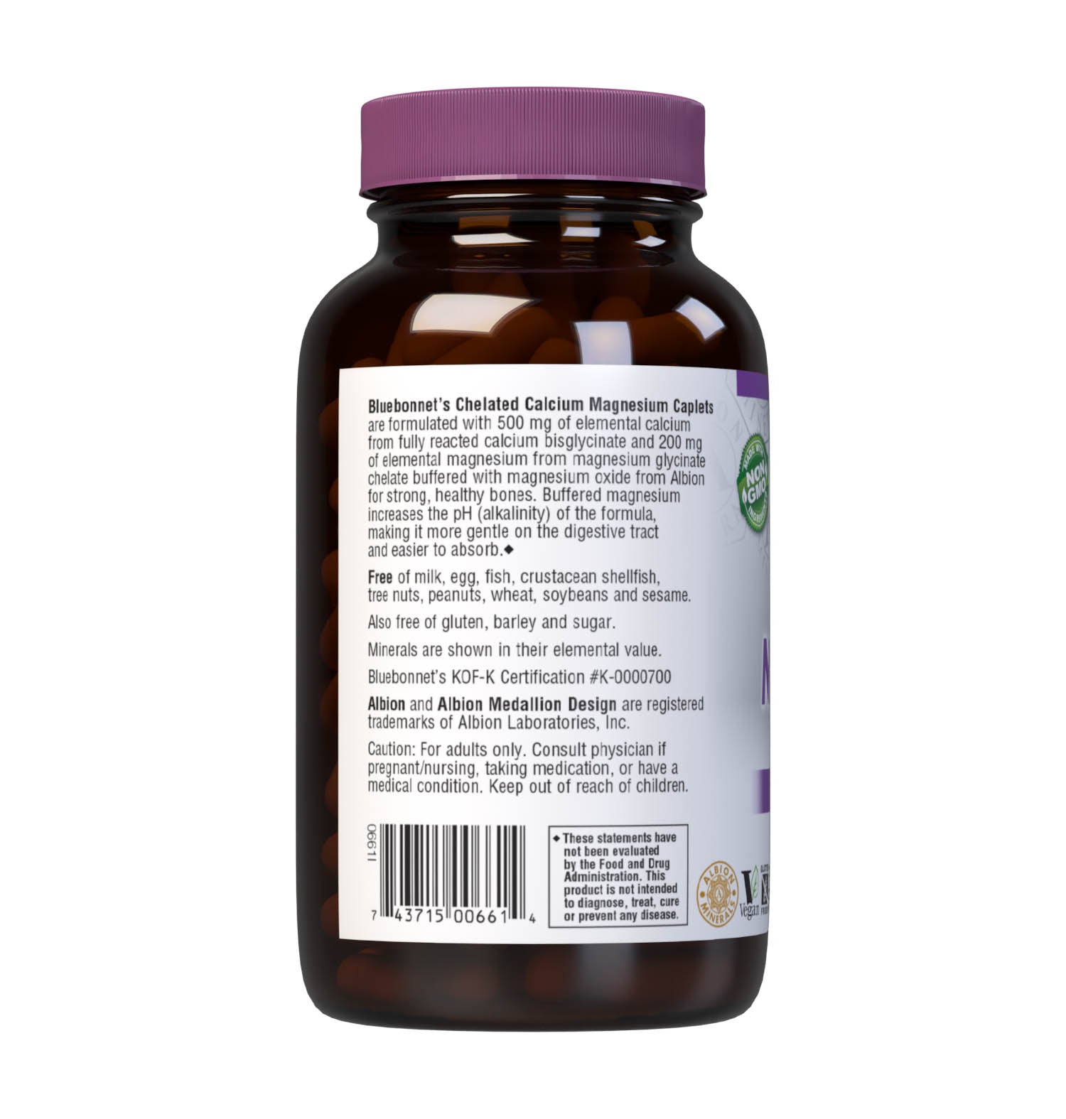 Bluebonnet's Chelated Calcium Magnesium 120 Caplets are formulated with 500 mg of elemental calcium from fully reacted calcium bisglycinate and 200 mg of elemental magnesium from magnesium glycinate chelate buffered with magnesium oxide from Albion for strong healthy bones. Buffered magnesium increases the pH (alkalinity) of the formula, making it more gentle on the digestive tract and easier to absorb. Description panel. #size_120 count