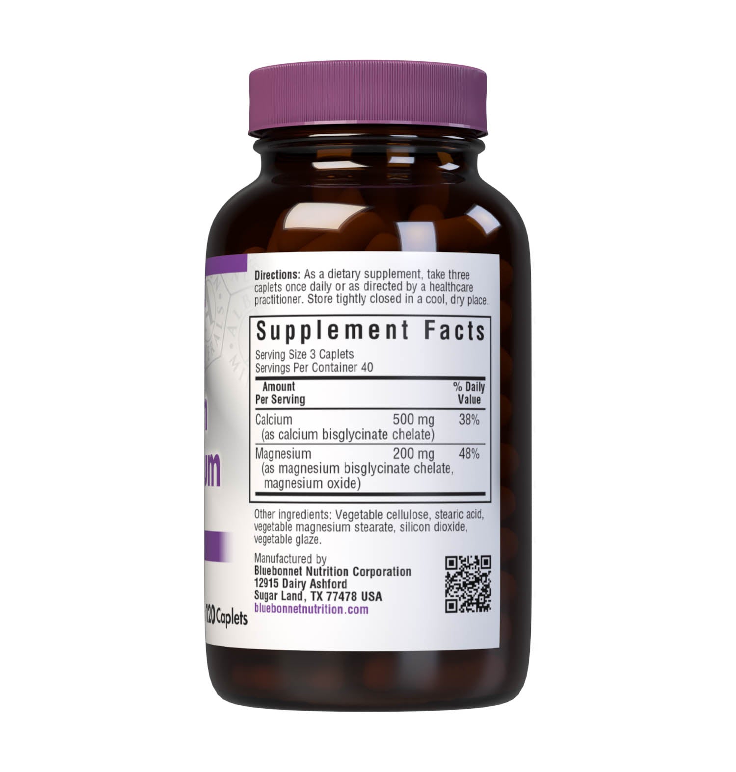 Bluebonnet's Chelated Calcium Magnesium 120 Caplets are formulated with 500 mg of elemental calcium from fully reacted calcium bisglycinate and 200 mg of elemental magnesium from magnesium glycinate chelate buffered with magnesium oxide from Albion for strong healthy bones. Buffered magnesium increases the pH (alkalinity) of the formula, making it more gentle on the digestive tract and easier to absorb. Supplement facts panel. #size_120 count