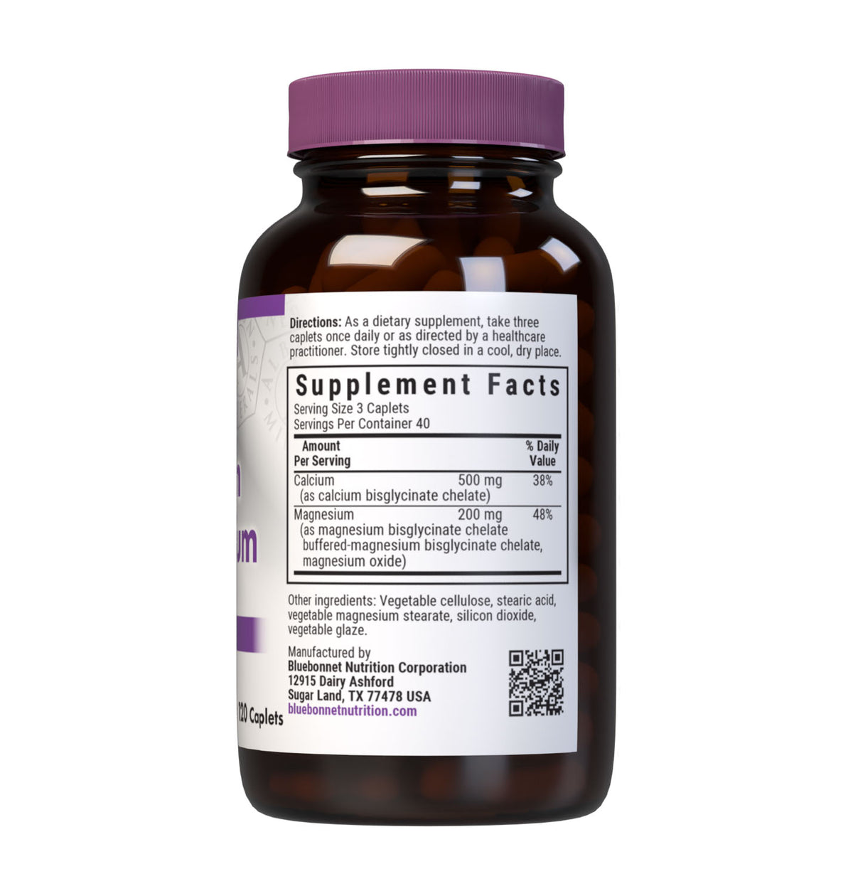 Bluebonnet's Chelated Calcium Magnesium 120 Caplets are formulated with 500 mg of elemental calcium from fully reacted calcium bisglycinate and 200 mg of elemental magnesium from magnesium glycinate chelate buffered with magnesium oxide from Albion for strong healthy bones. Buffered magnesium increases the pH (alkalinity) of the formula, making it more gentle on the digestive tract and easier to absorb. Supplement facts panel. #size_120 count