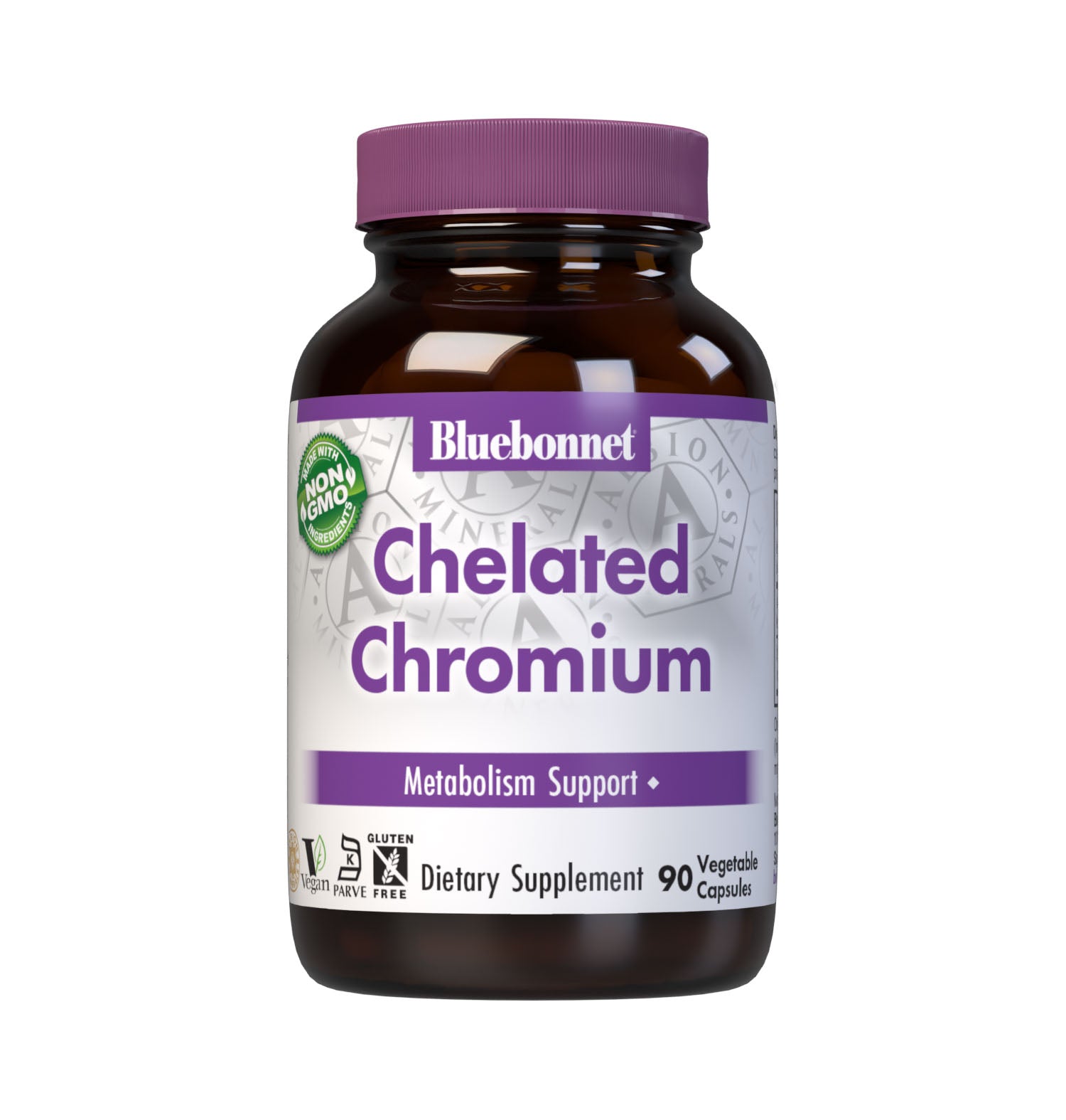 Bluebonnet's Chelated Chromium 90 Vegetable Capsules are formulated with  200 mcg of elemental chromium from fully reacted chromium nicotinate glycinate, an amino acid chelate mineral from Albion. Chromium is an essential element that is necessary for blood sugar control and carbohydrate metabolism. #size_90 count