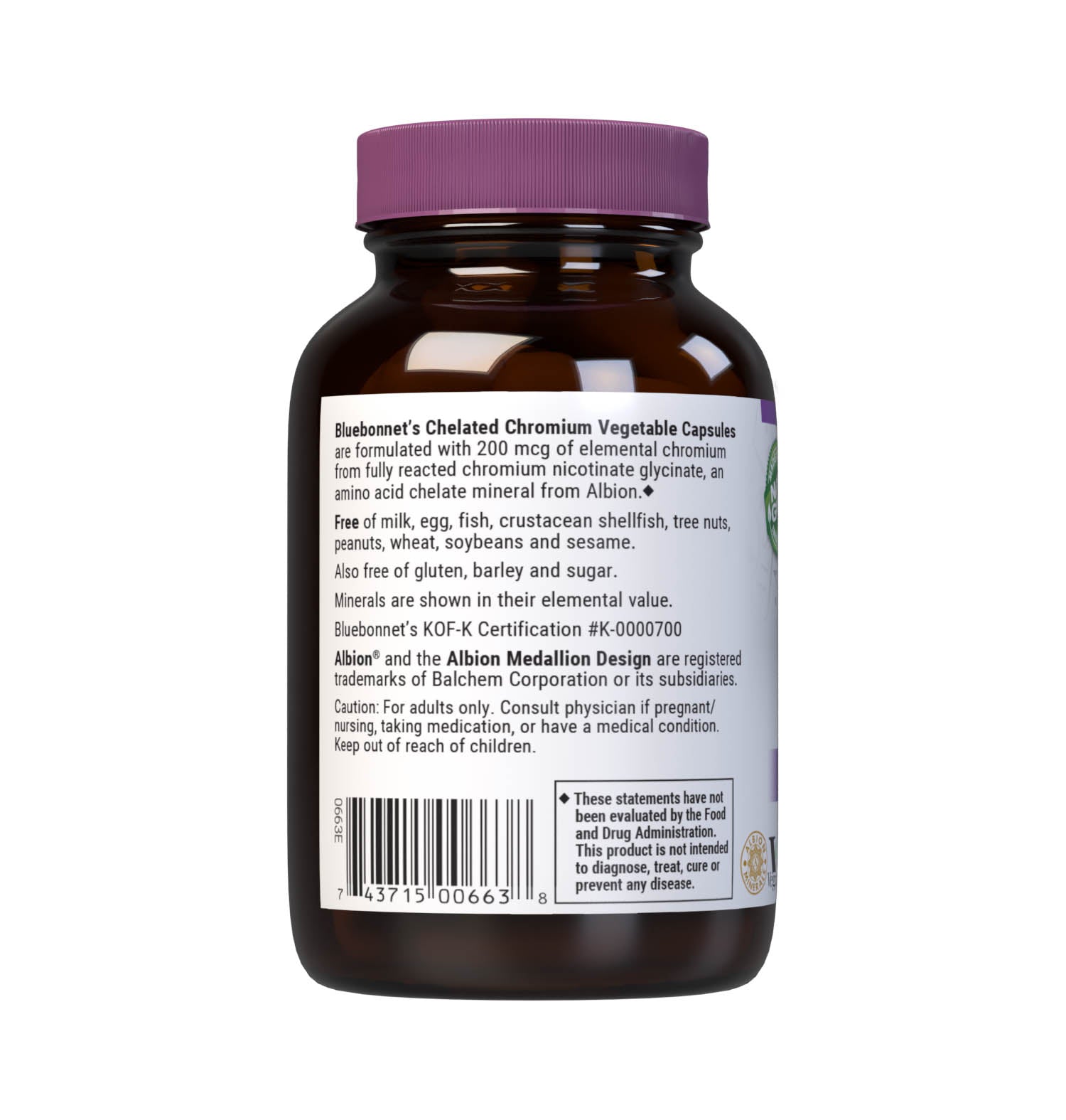 Bluebonnet's Yeast-Free Chelated Chromium 90 Vegetable Capsules are formulated with 200 mcg of elemental chromium from fully reacted chromium nicotinate glycinate, an amino acid chelate mineral from Albion. Chromium is an essential element that is necessary for blood sugar control and carbohydrate metabolism. Description panel. #size_90 count