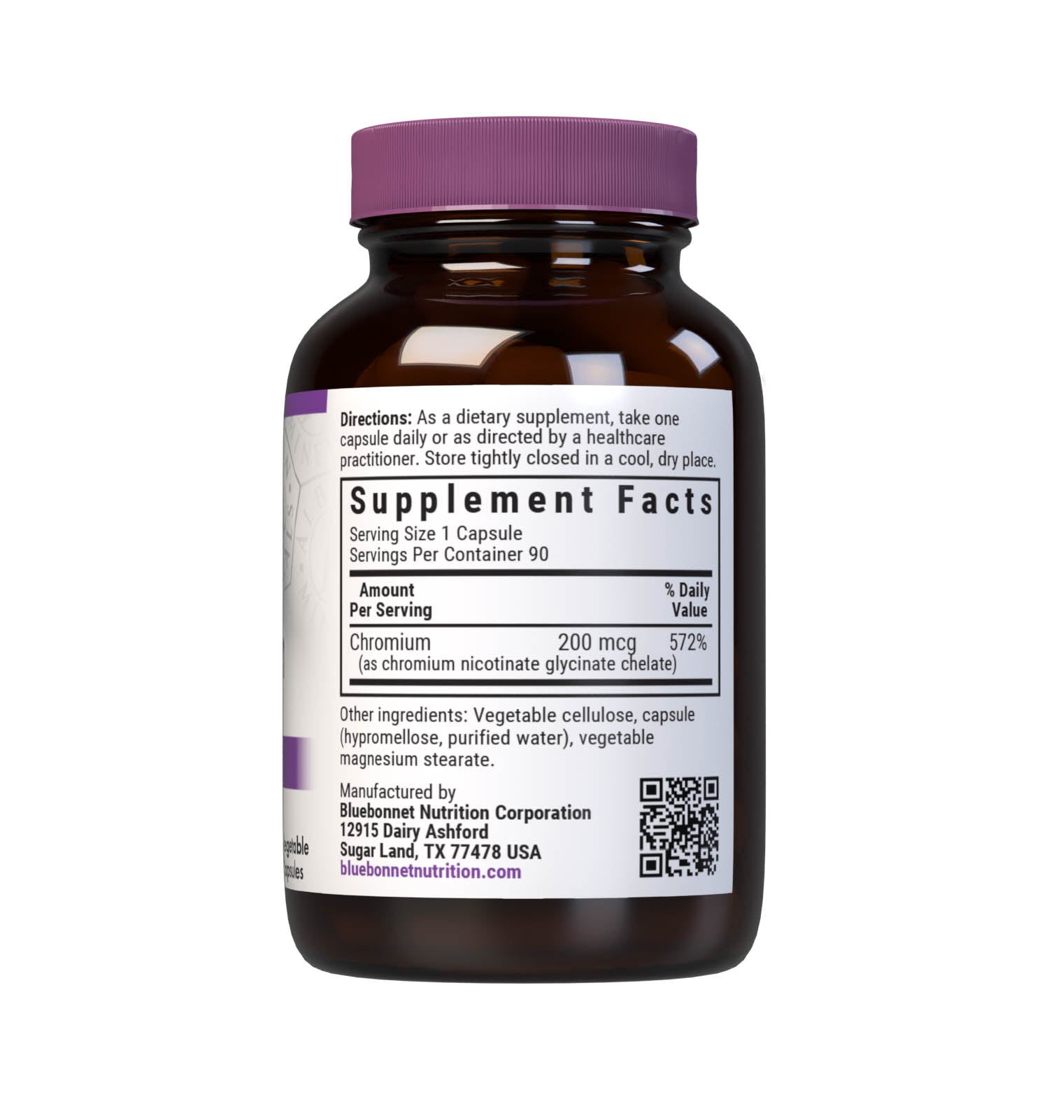 Bluebonnet's Chelated Chromium 90 Vegetable Capsules are formulated with  200 mcg of elemental chromium from fully reacted chromium nicotinate glycinate, an amino acid chelate mineral from Albion. Chromium is an essential element that is necessary for blood sugar control and carbohydrate metabolism. Supplement facts panel.  #size_90 count