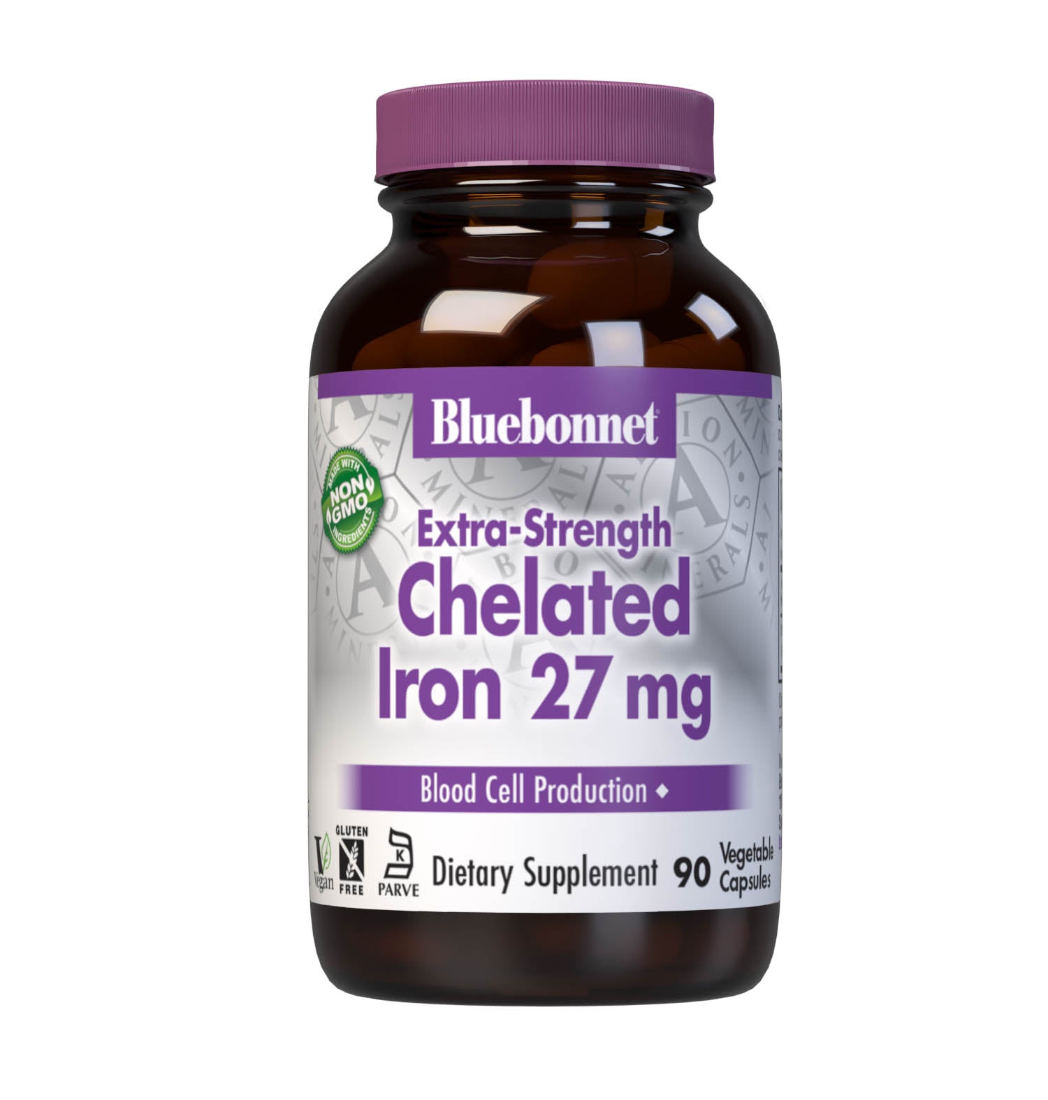 Bluebonnet's Extra-Strength Chelated Iron 27 mg 90 Vegetable Capsules are formulated with a gentle, non-constipating form of iron known as Ferrochel, a patented, fully reacted chelated ferrous bisglycinate from Albion. Iron is an essential element that is necessary for healthy red blood cell production as well as transferring oxygen throughout the body. #size_90 count